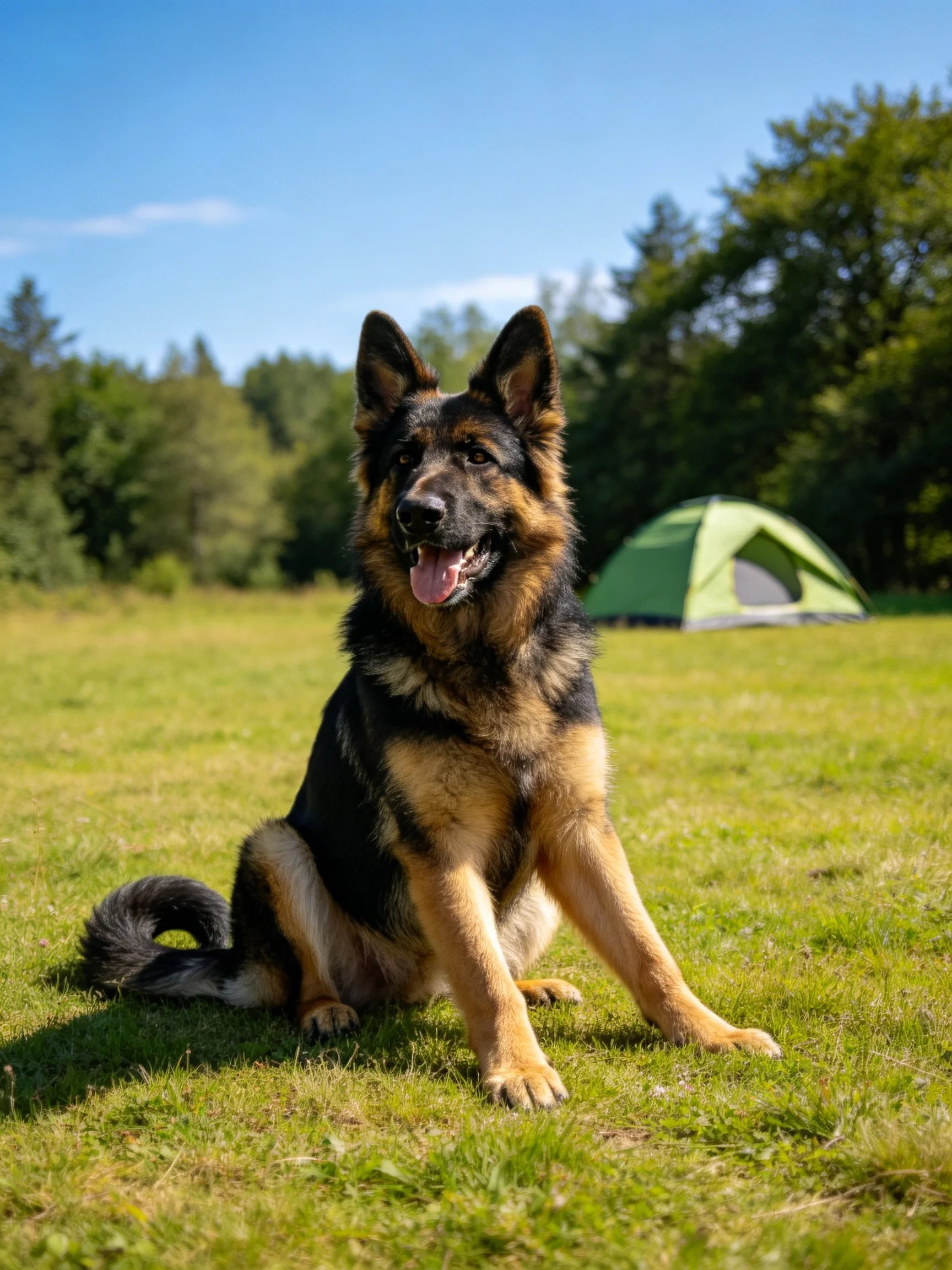 A German Shepherd sits on grass in a sunny field with a green tent nearby