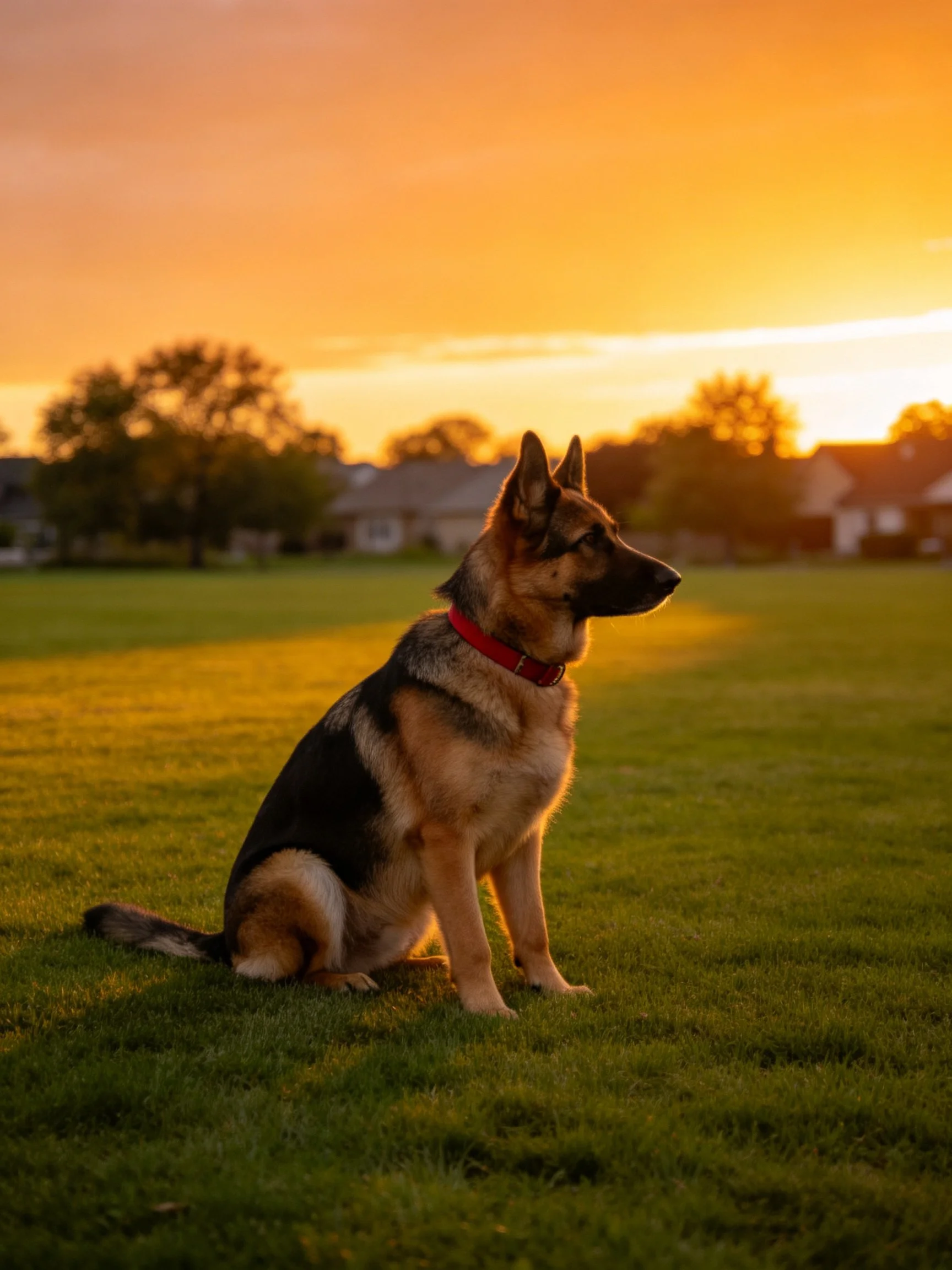 A German Shepherd sits on grass during a golden sunset.