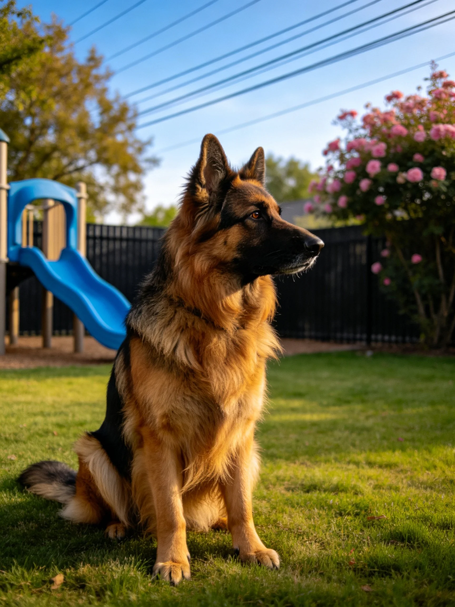 A German Shepherd sits on green grass near a blue slide and pink blooms.