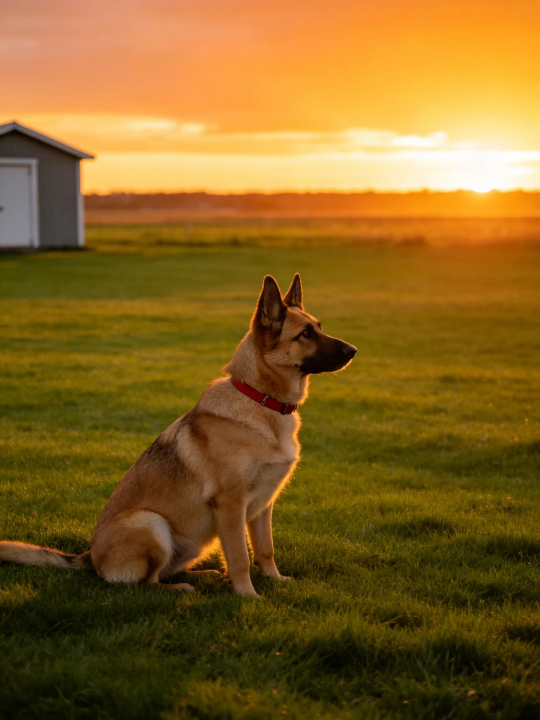 A German Shepherd sits on grass near a shed as the sun sets