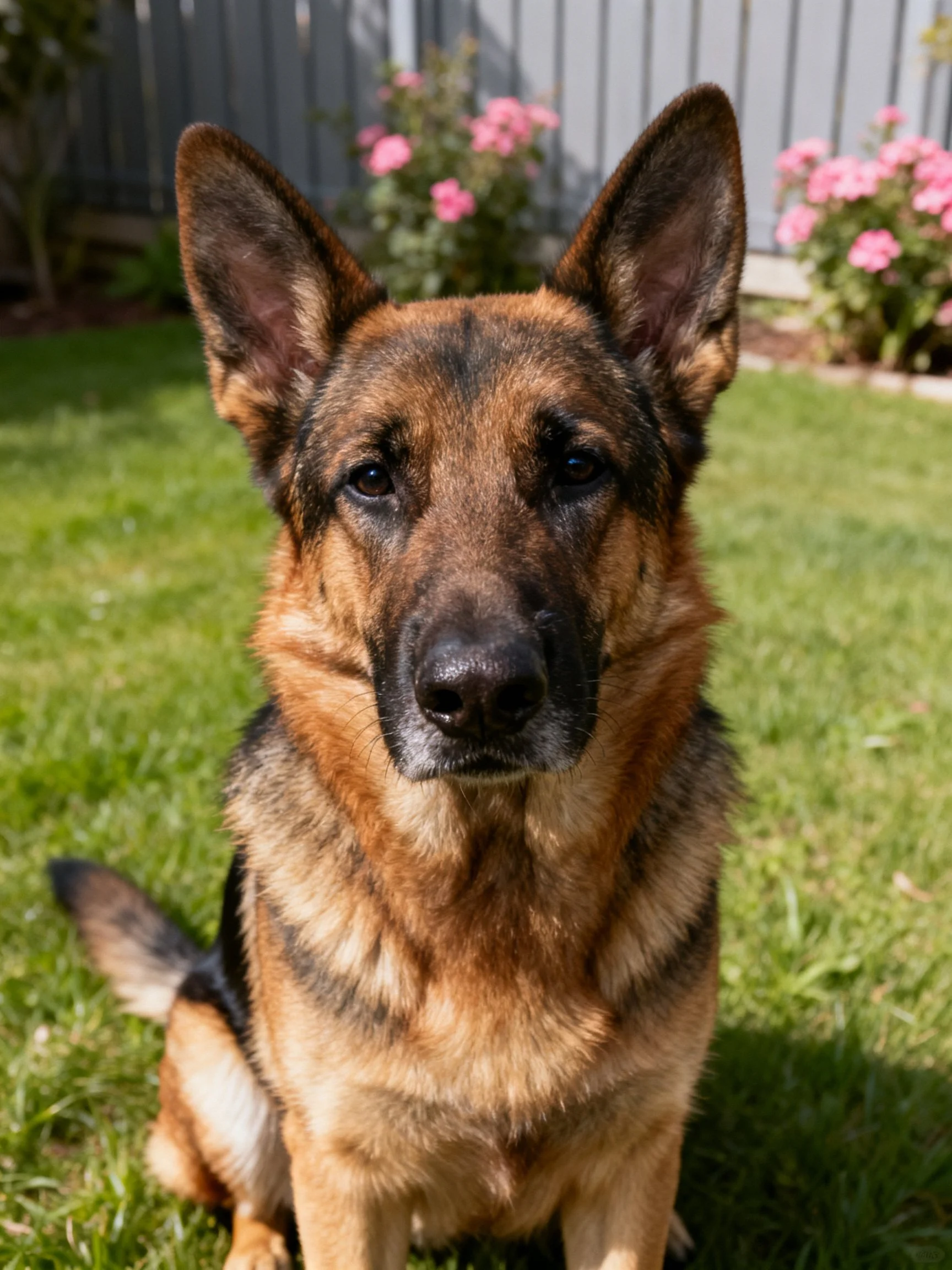 A German Shepherd sitscalmly on grass with flowering plants in the background.