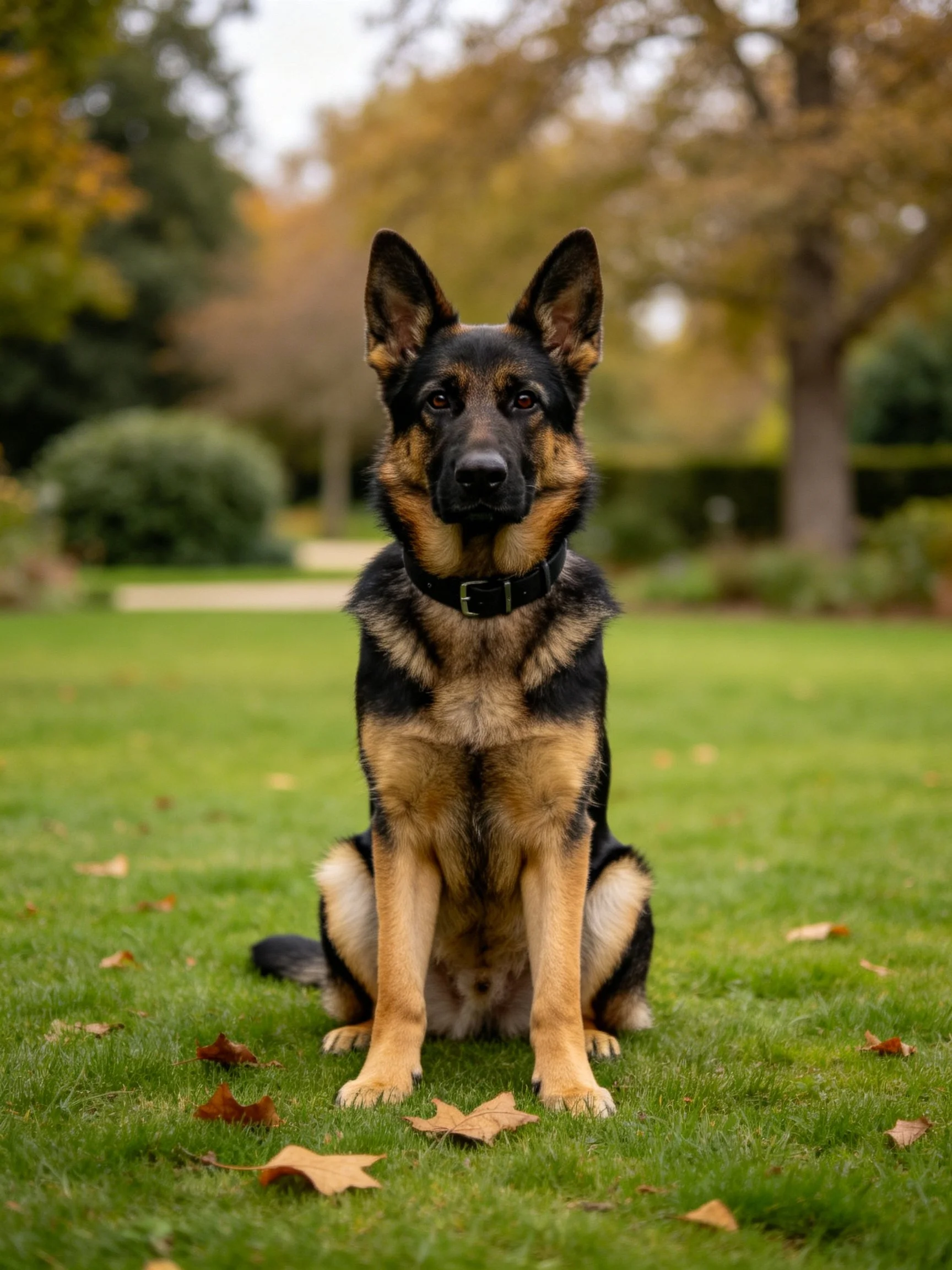 A German Shepherd sits calmly on grass in an autumnal outdoor setting.