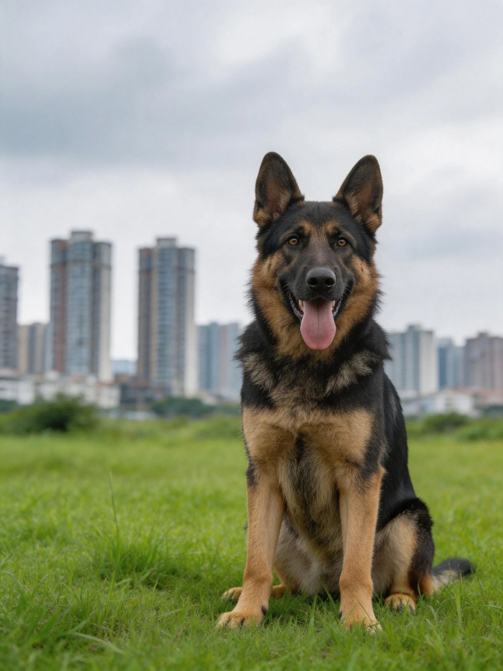 A German Shepherd sits calmly on grass with an urban skyline backdrop