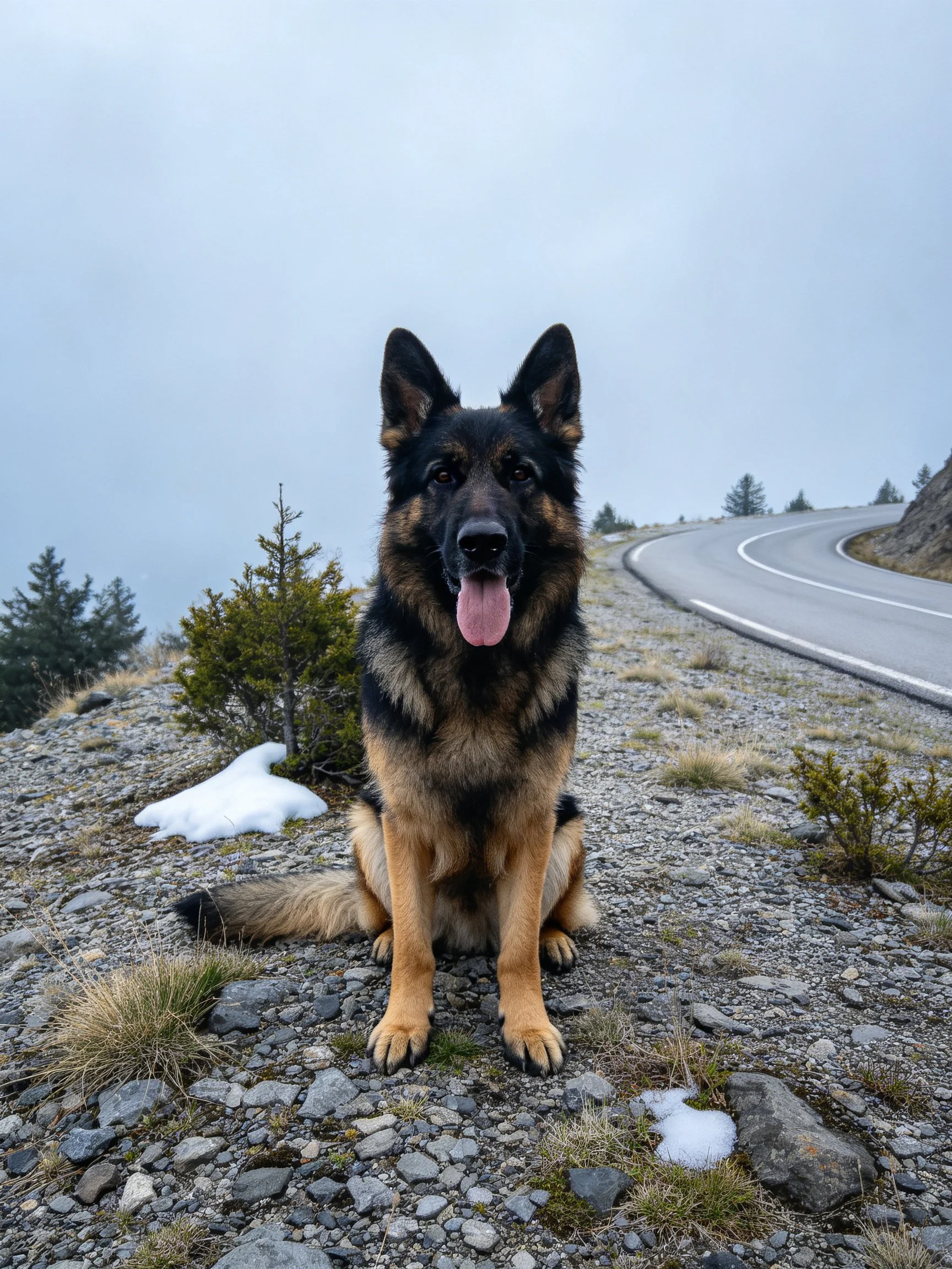 A German Shepherd sits on rocky ground beside a curving mountain road