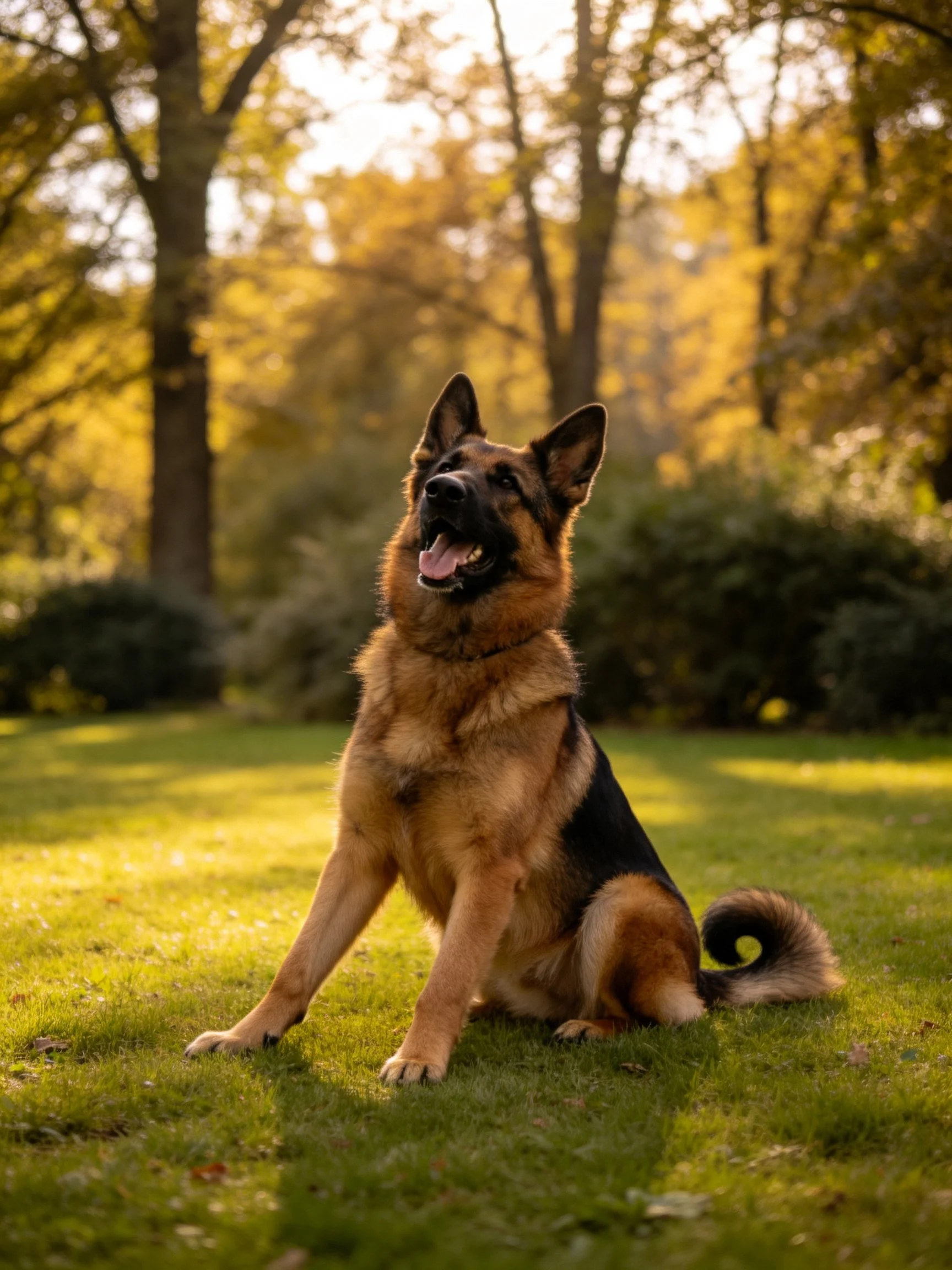 A German Shepherd sits calmly on grass in a sunlit, tree-filled area.