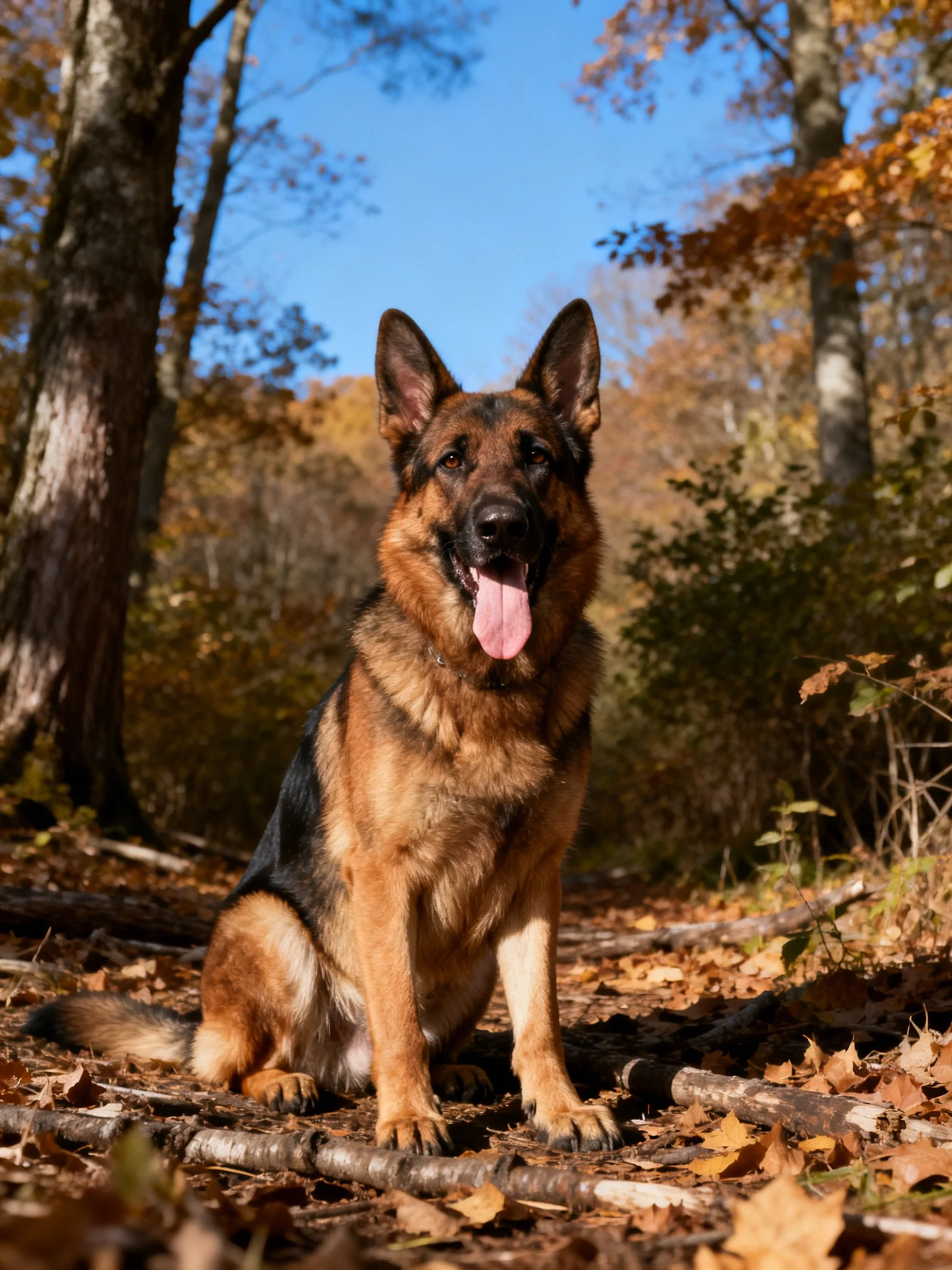A German Shepherd rests peacefully in an autumnal forest landscape.