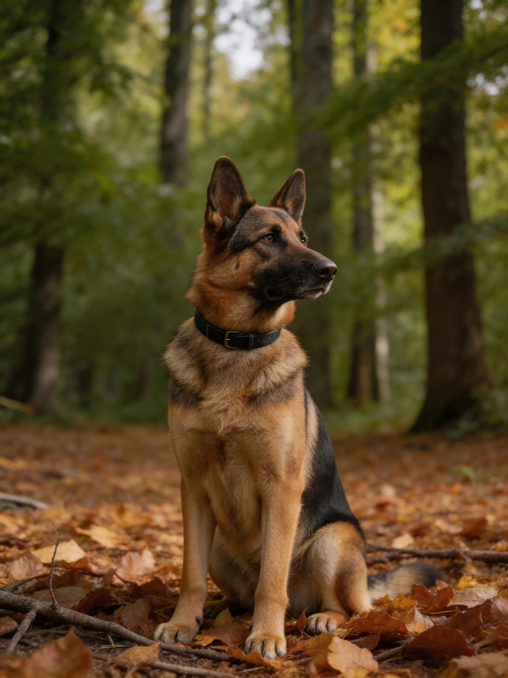 A German Shepherd sits amid fallen autumn leaves in a sunlit forest.