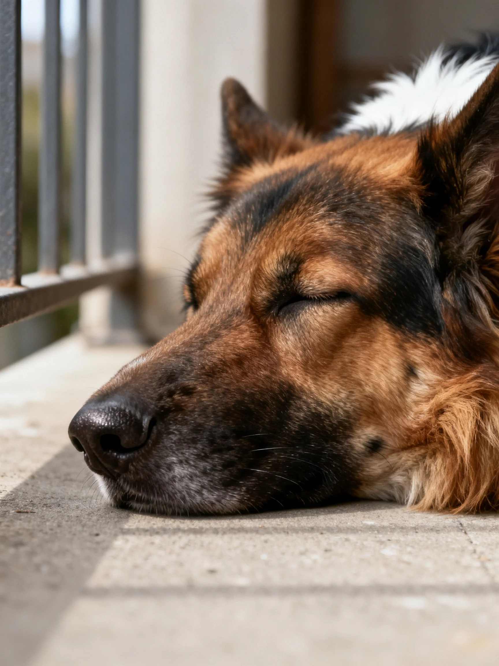 A German Shepherd sleeps by a metal balcony railing