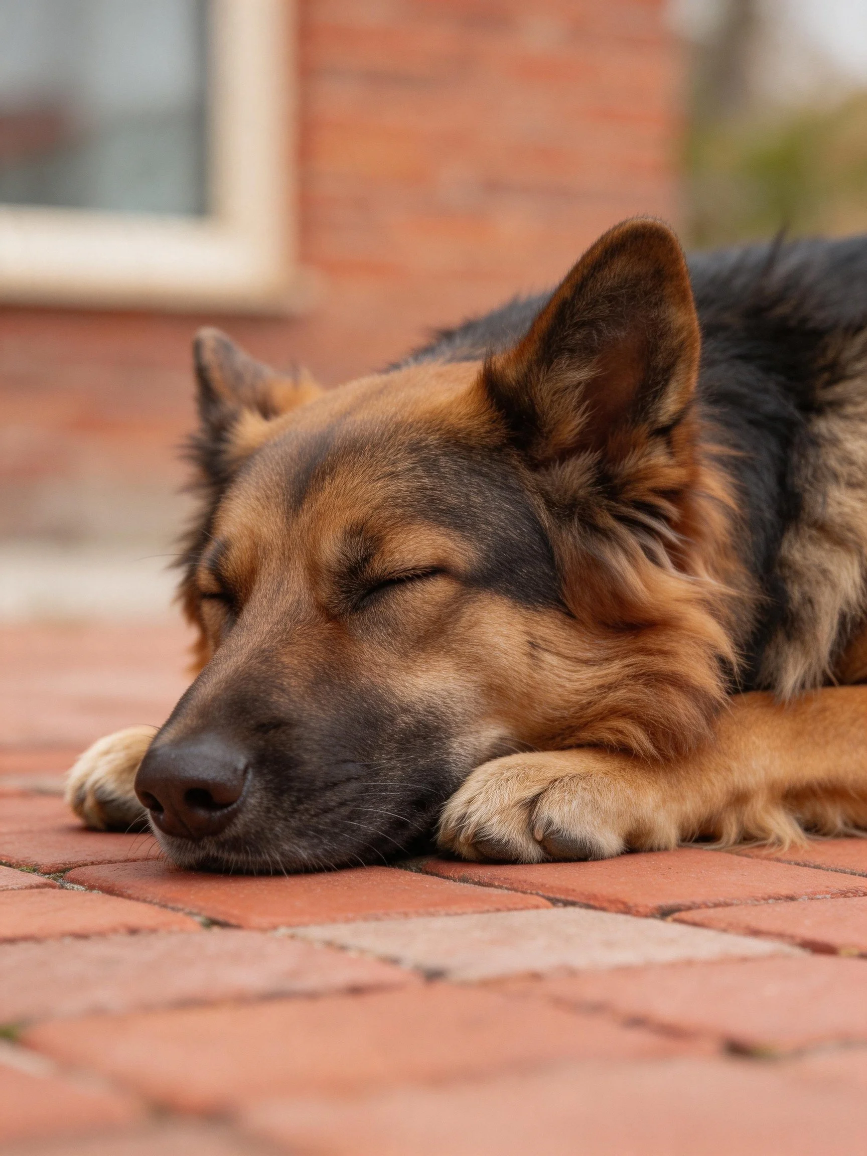 A German Shepherd sleeps on a red-brick outdoor surface