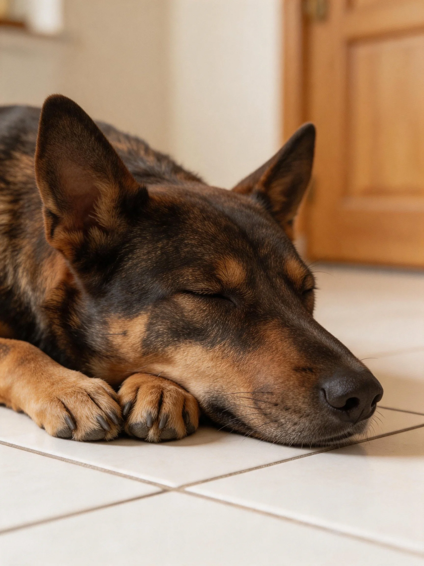 A German Shepherd sleeps on tiled flooring near a wooden door