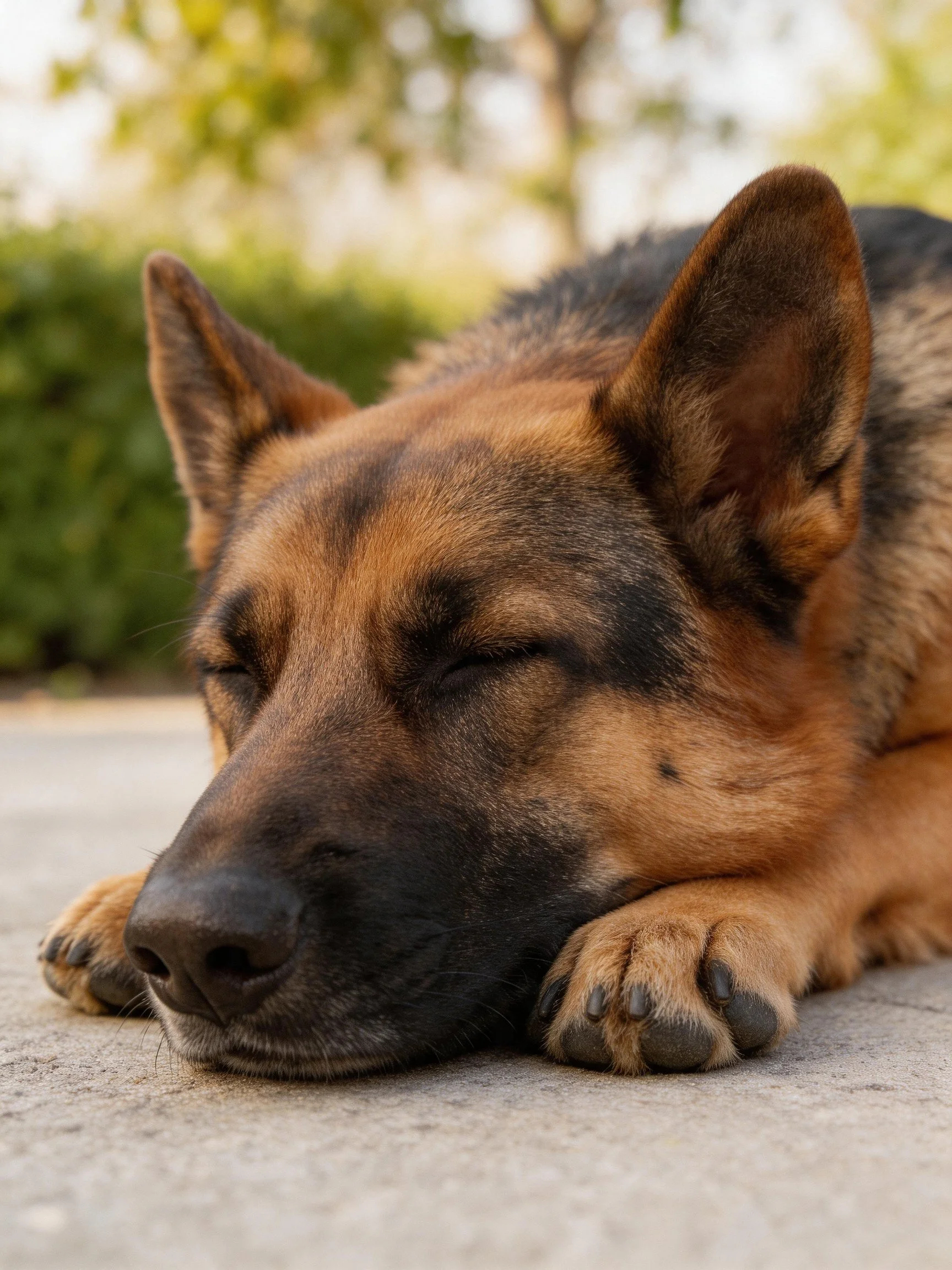 A German Shepherd peacefully sleeps on a concrete surface outdoors.