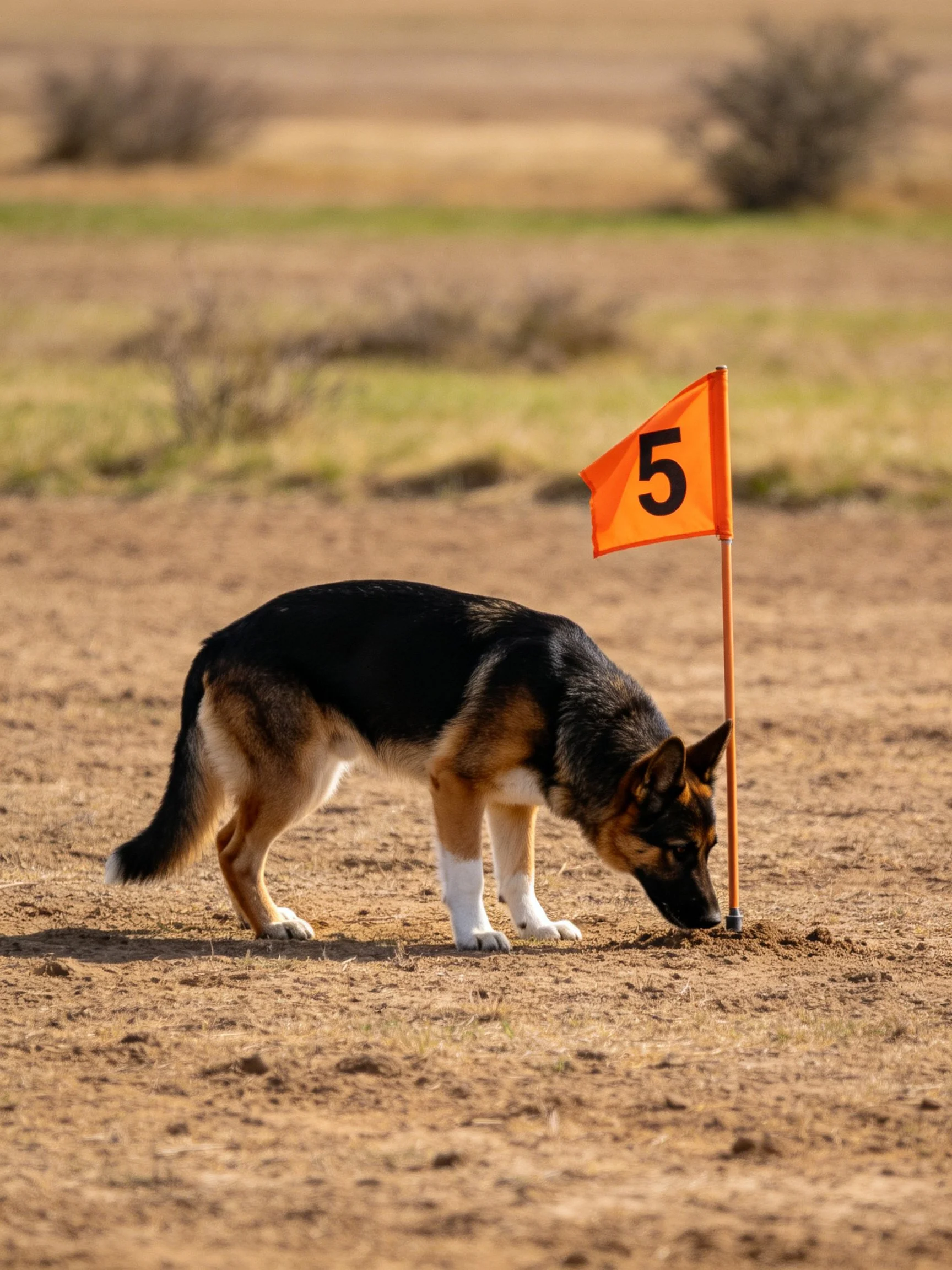 A German Shepherd sniffs near an orange numbered flag on a dusty field