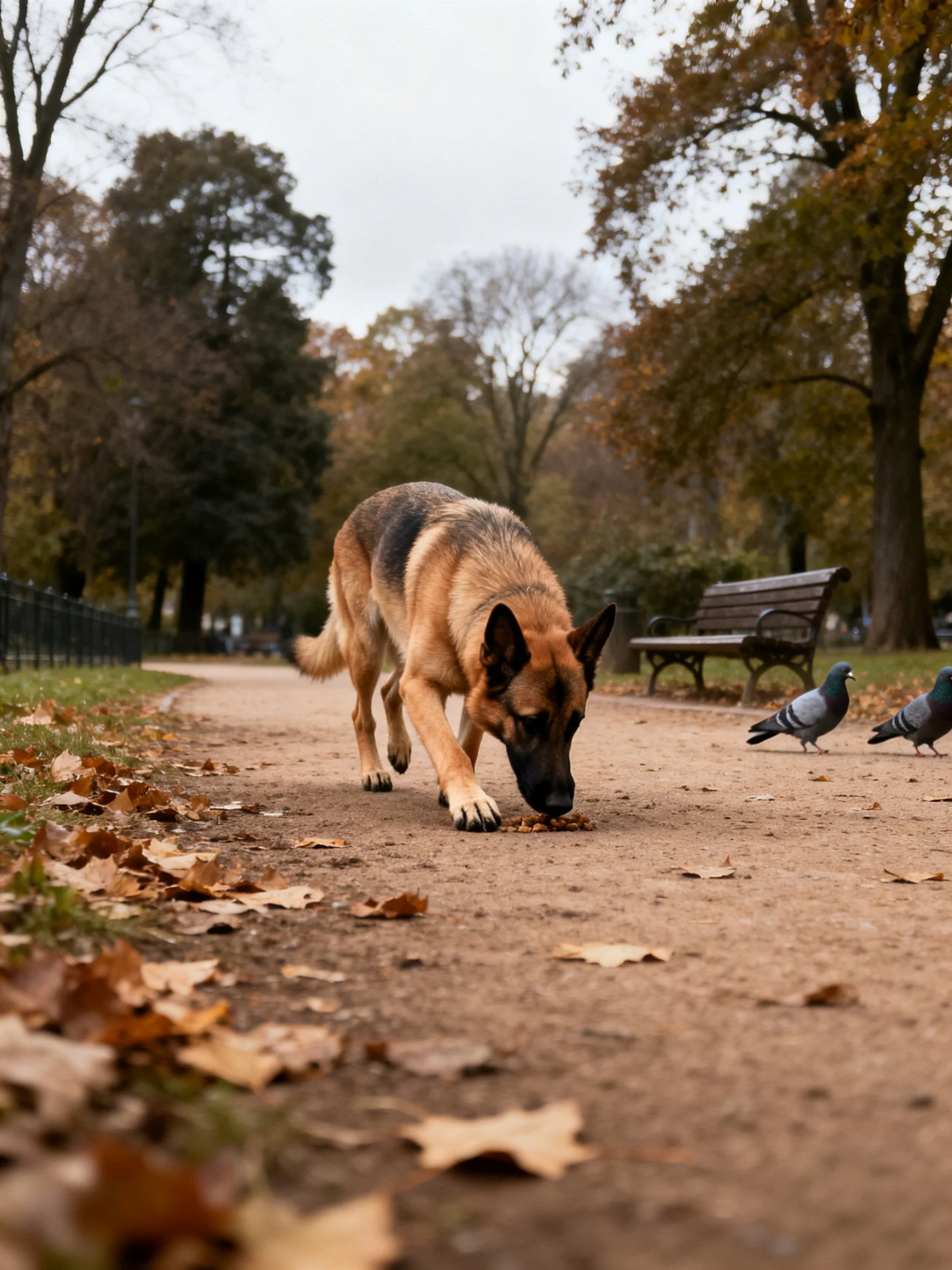 A German Shepherd sniffs near pigeons on an autumn park path