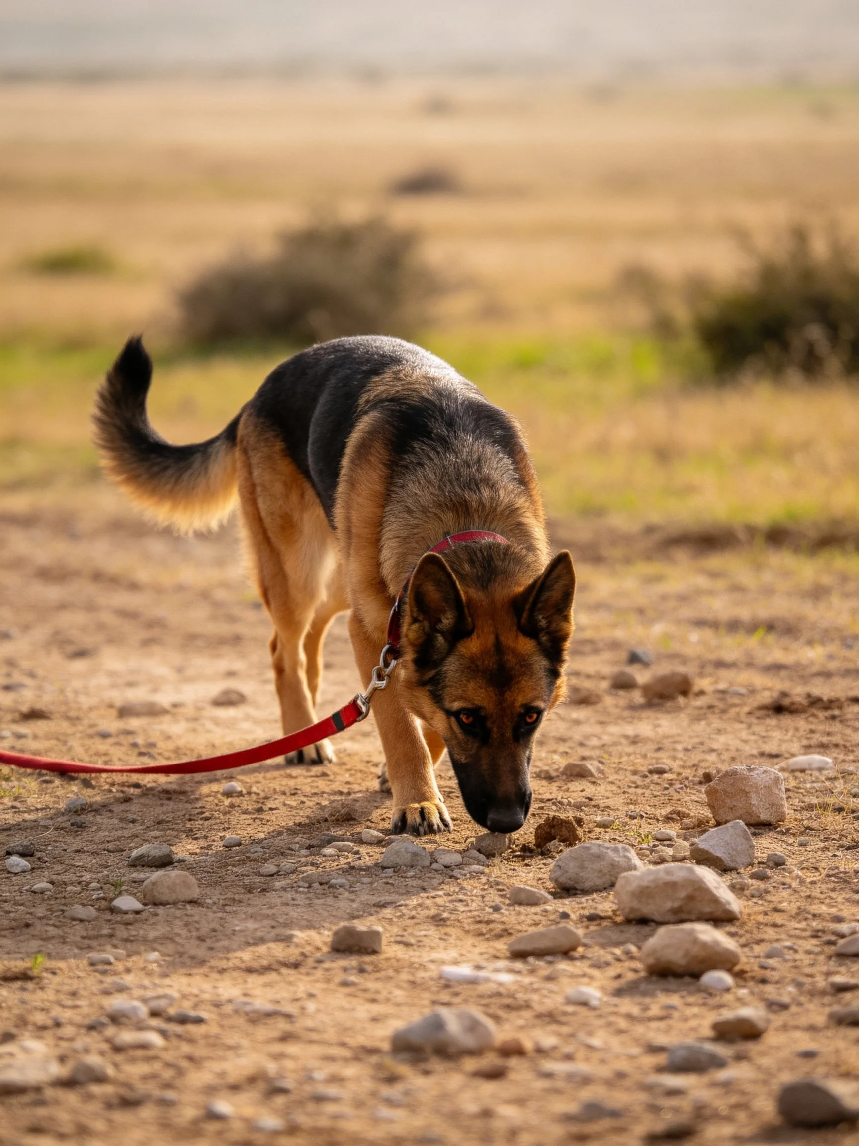 A German Shepherd explores rocky ground while attached to a red leash