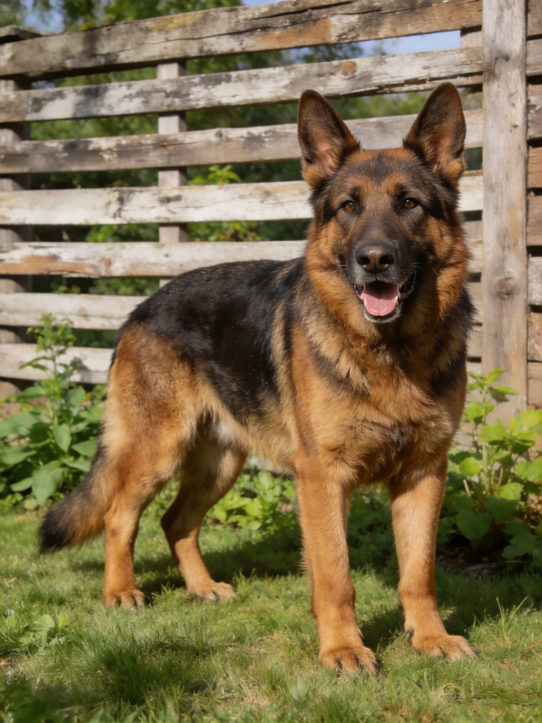 A German Shepherd stands on grass next to a weathered wooden fence.
