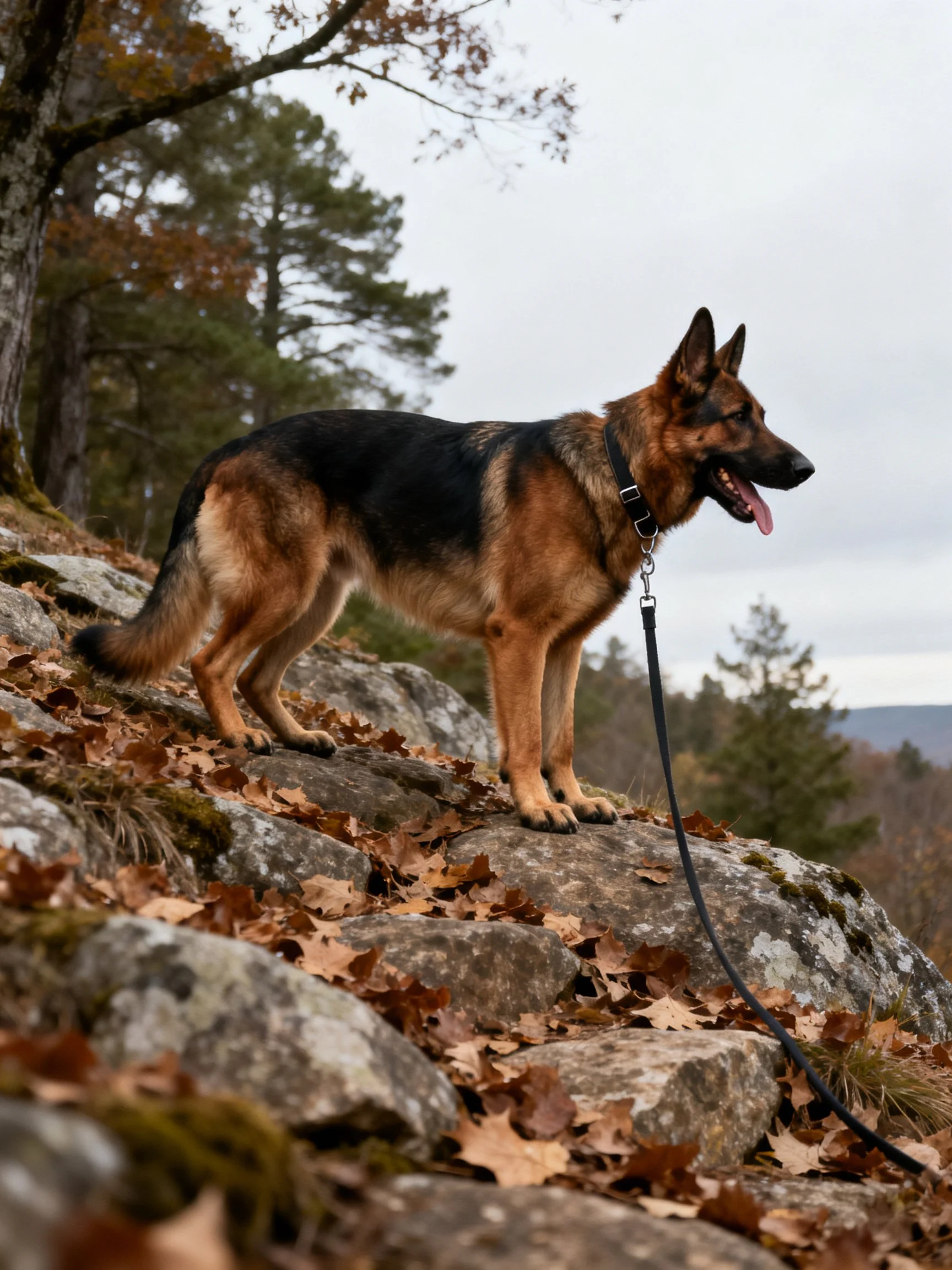 A German Shepherd stands alert on rocky terrain covered with autumn leaves.