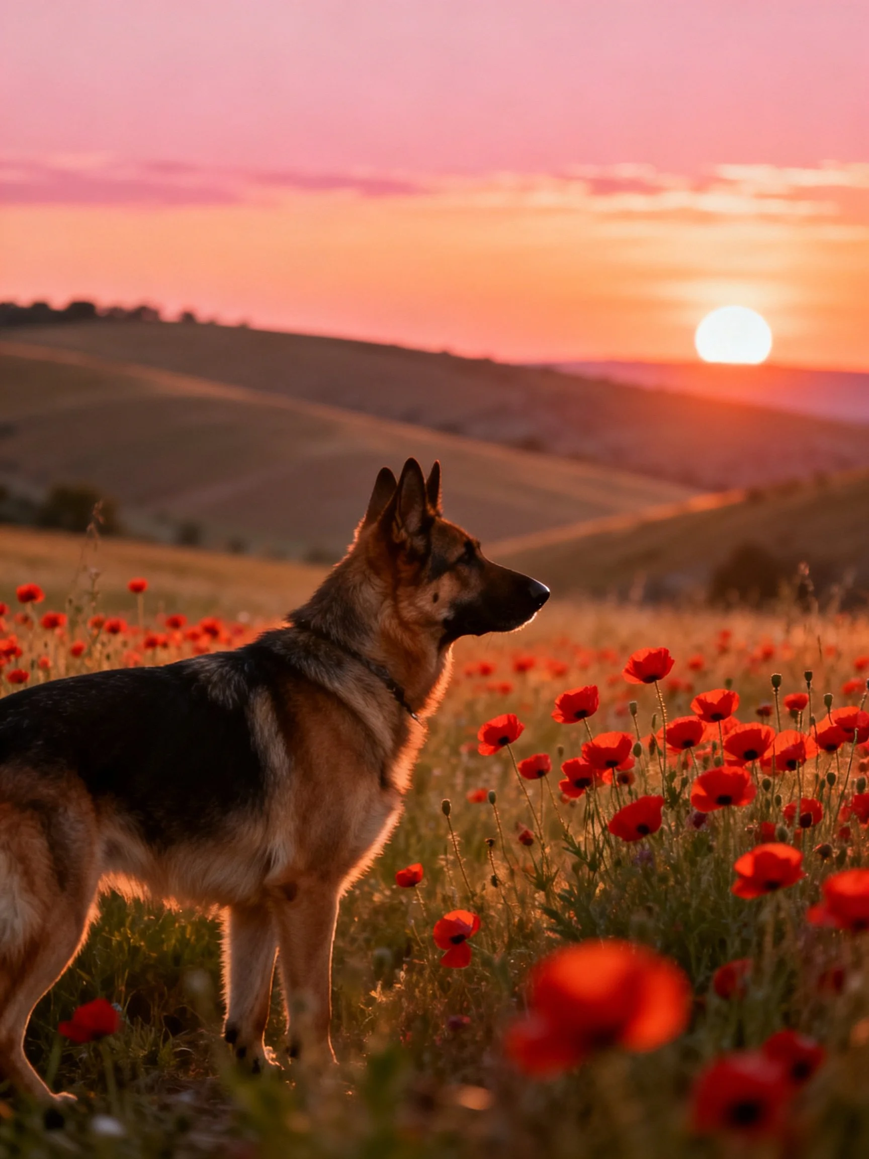 A German Shepherd stands among red poppies during a sunset with pink skies