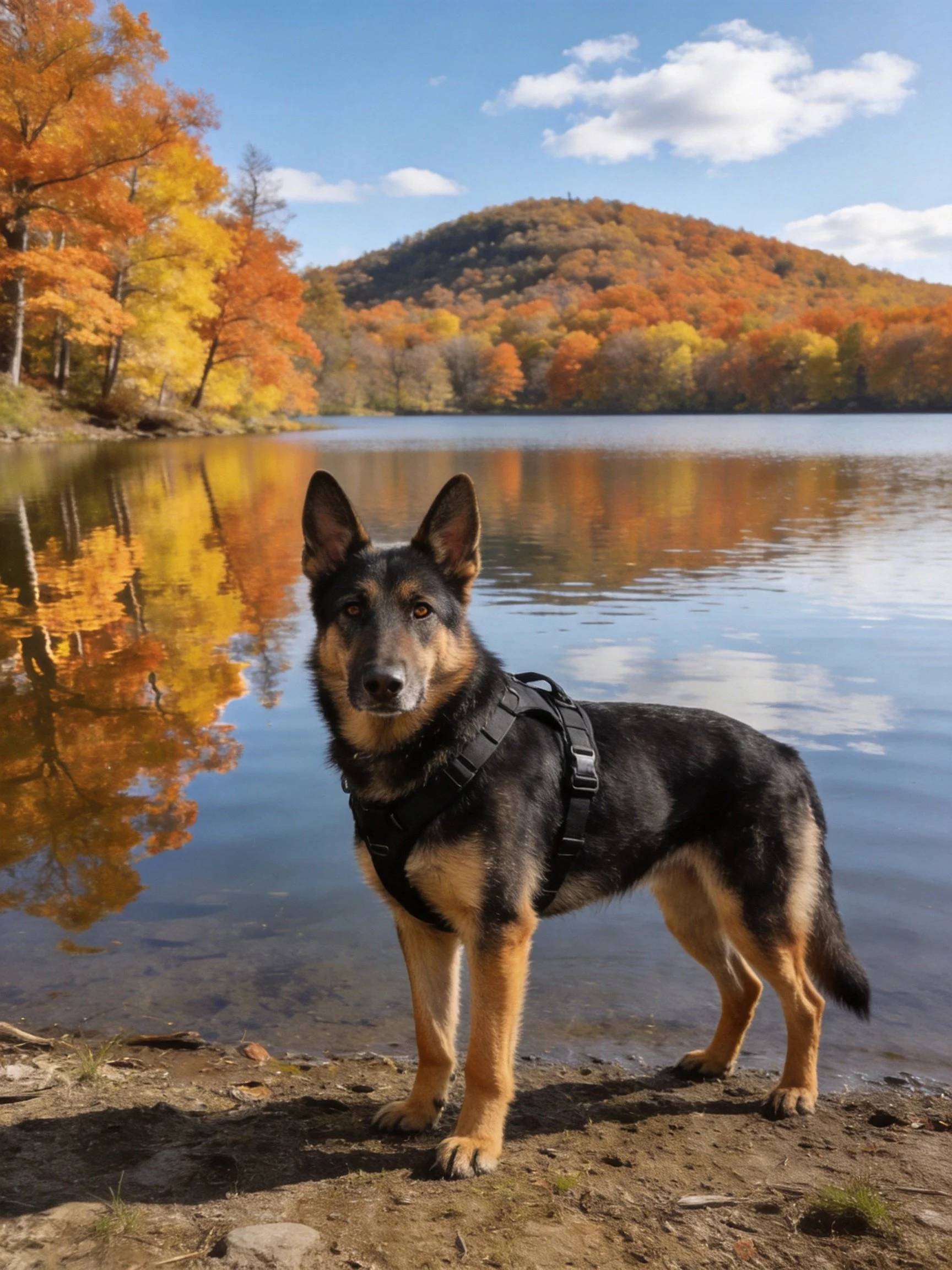 A German Shepherd stands near a tranquil lake surrounded by colorful fall trees and hills