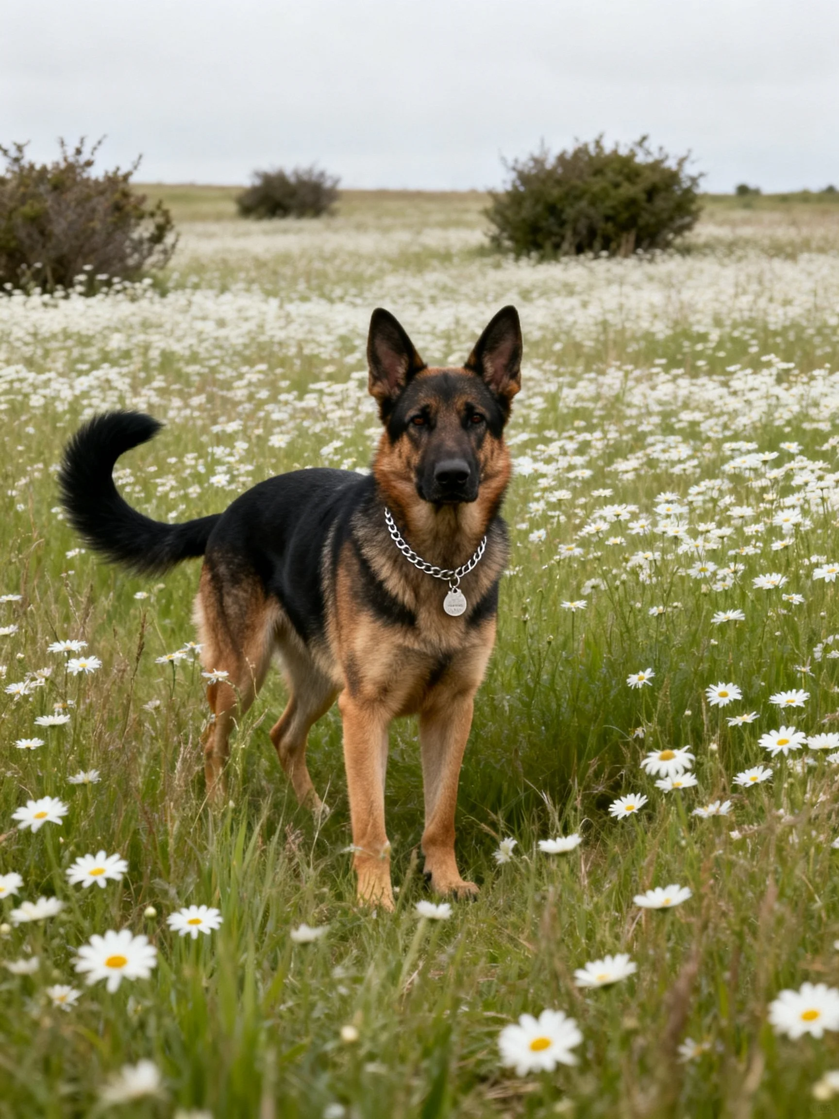 A German Shepherd stands in a flower-filled meadow.