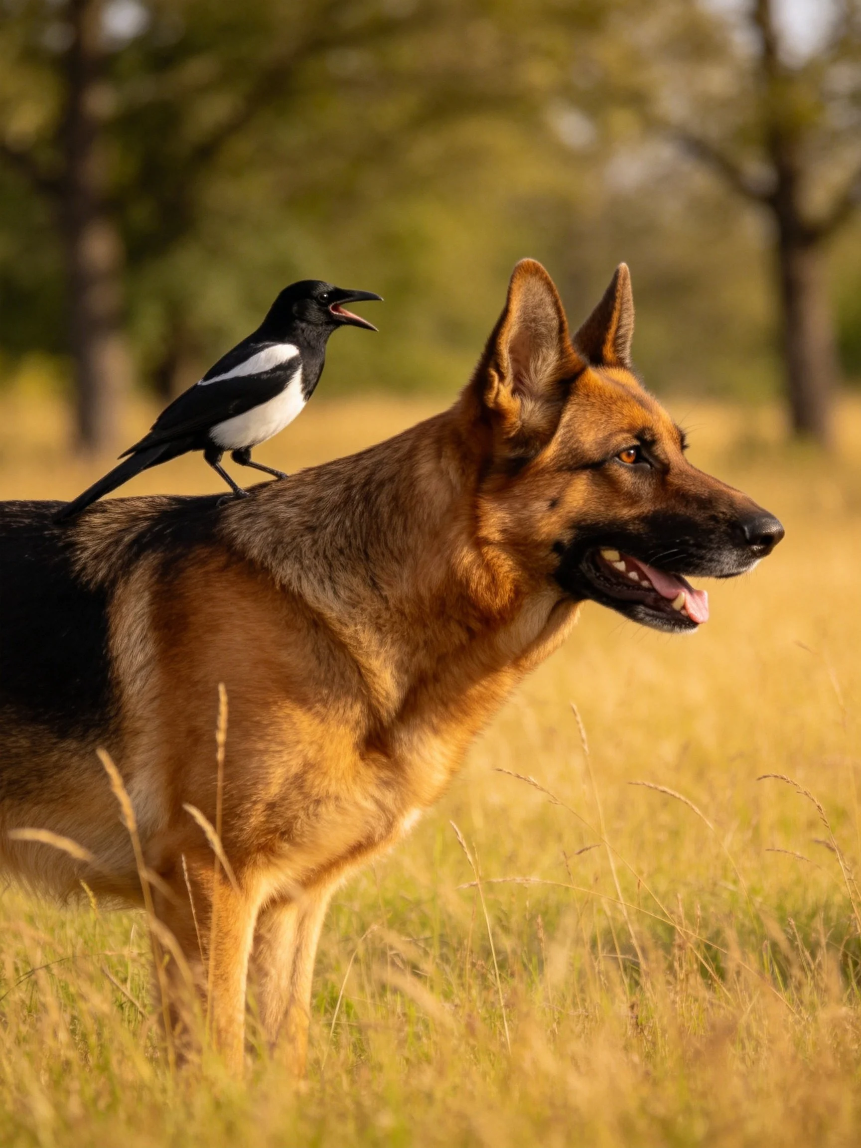 A German Shepherd stands in a field with a magpie resting on its back