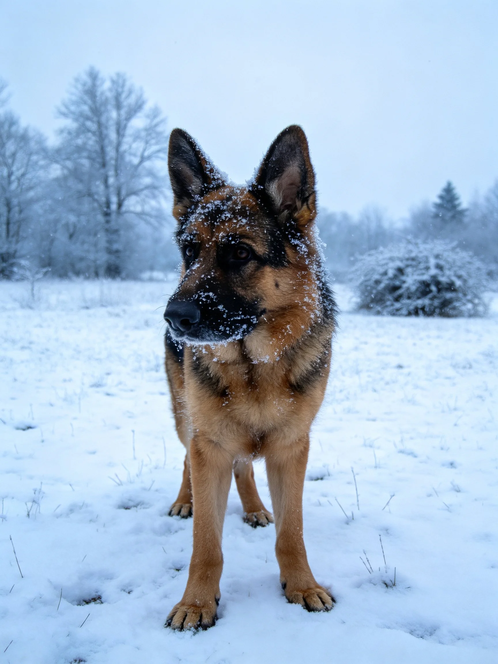A German Shepherd stands in a snow-covered winter landscape with frosty trees