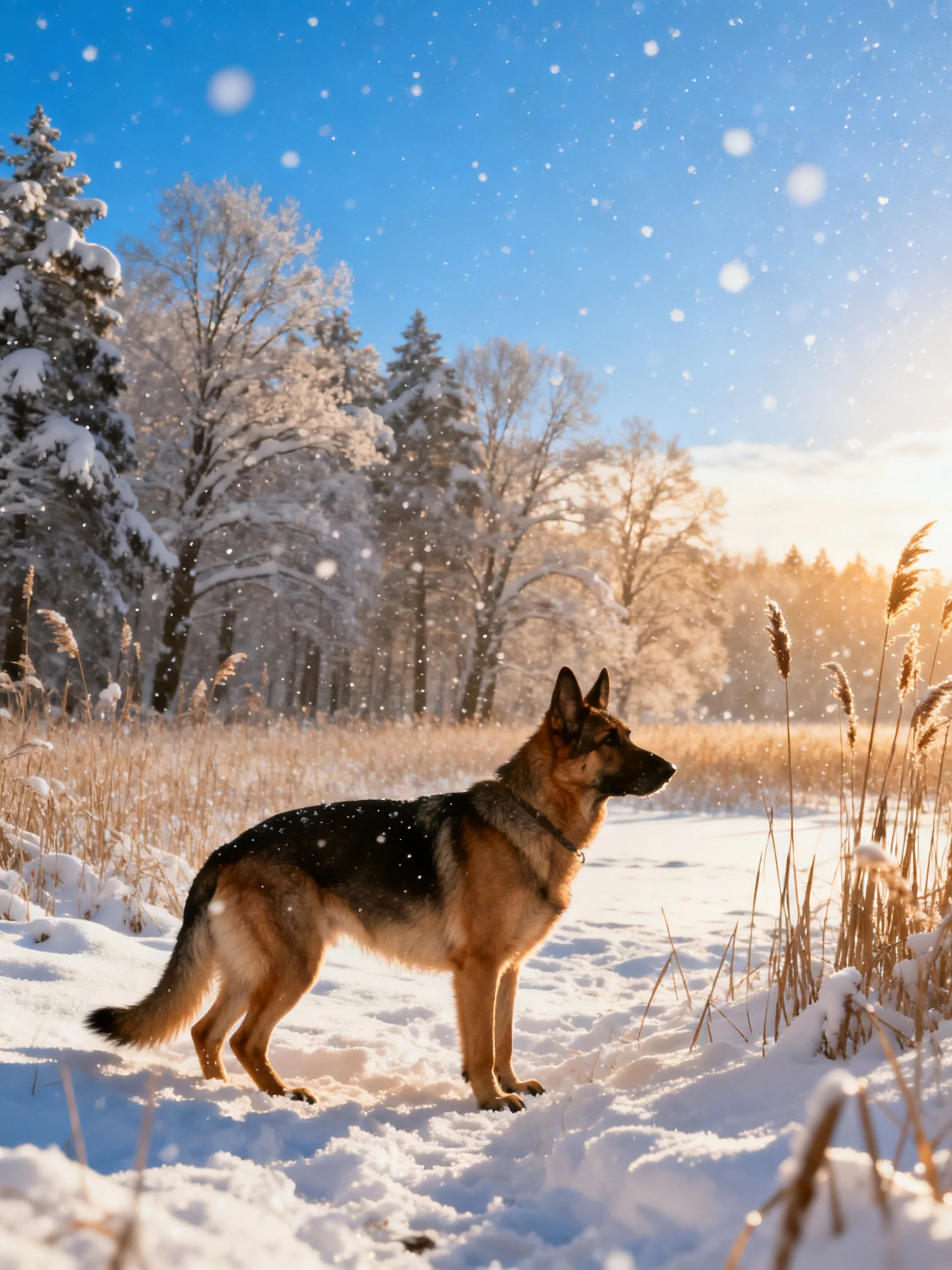 A German Shepherd stands alert in a snowy field with snowfall and frosty trees.
