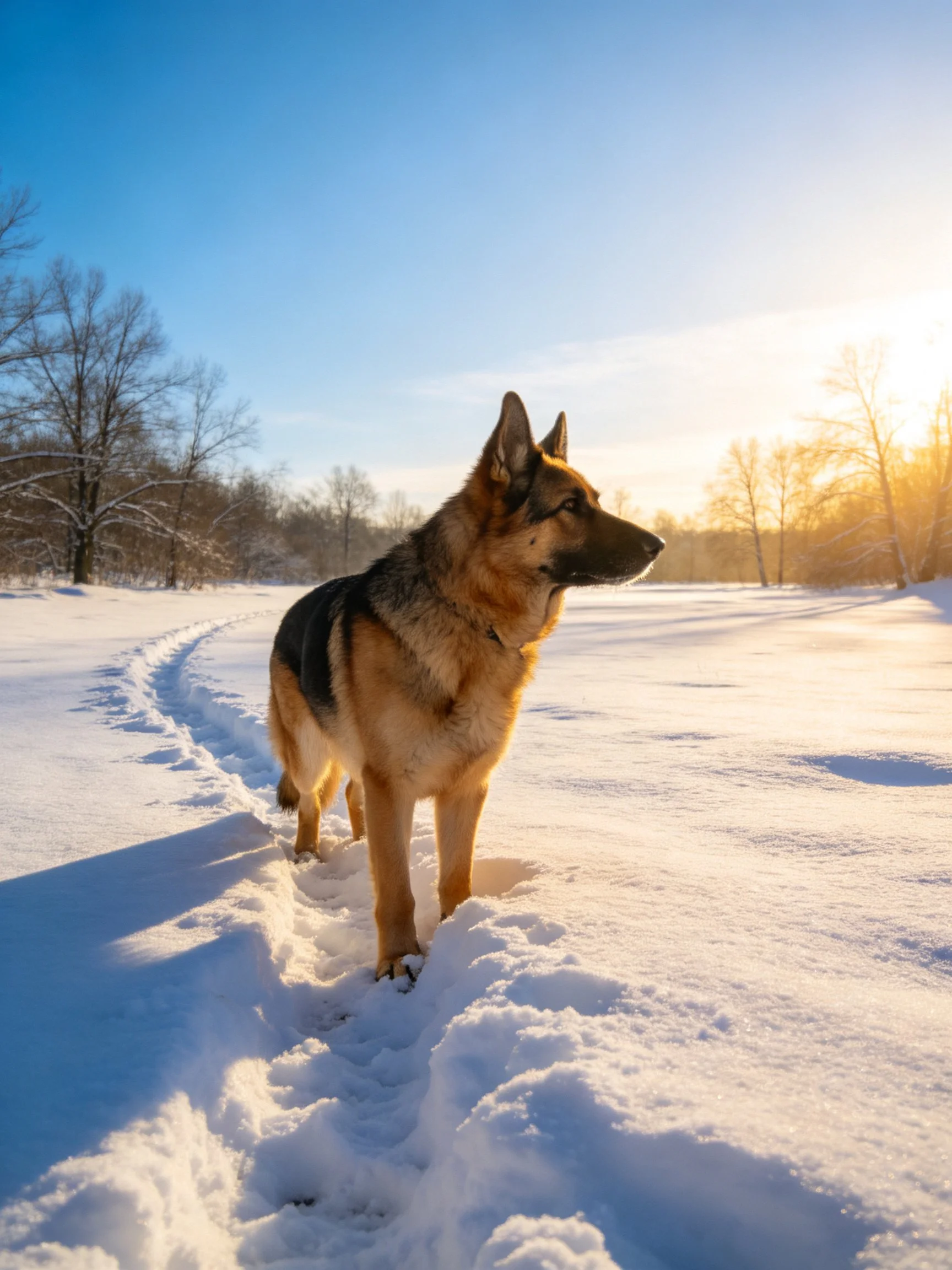 A German Shepherd stands alert in a sunlit snowy landscape with trees.