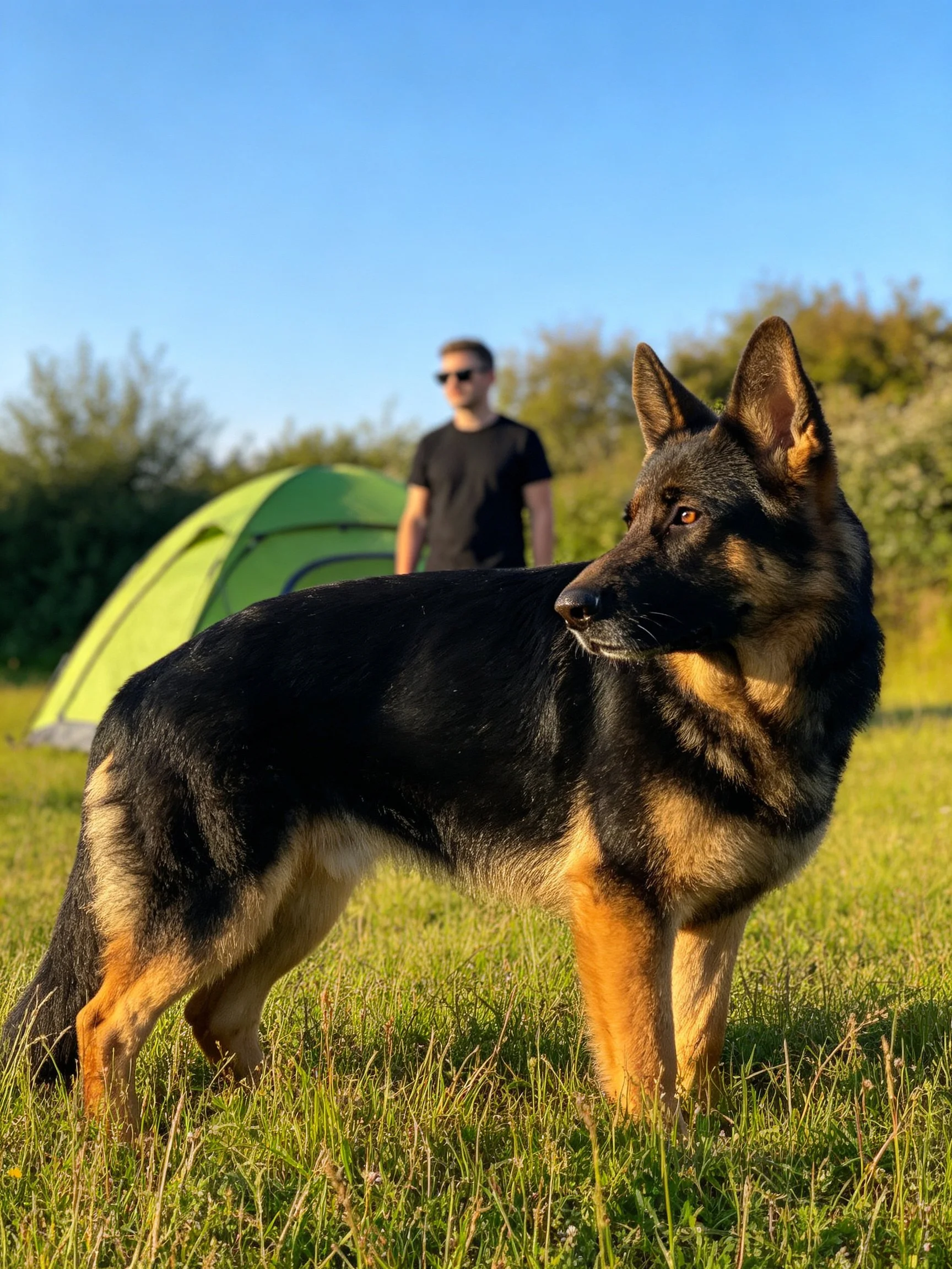 A German Shepherd stands in a sunny grassy field near a green tent and a person.