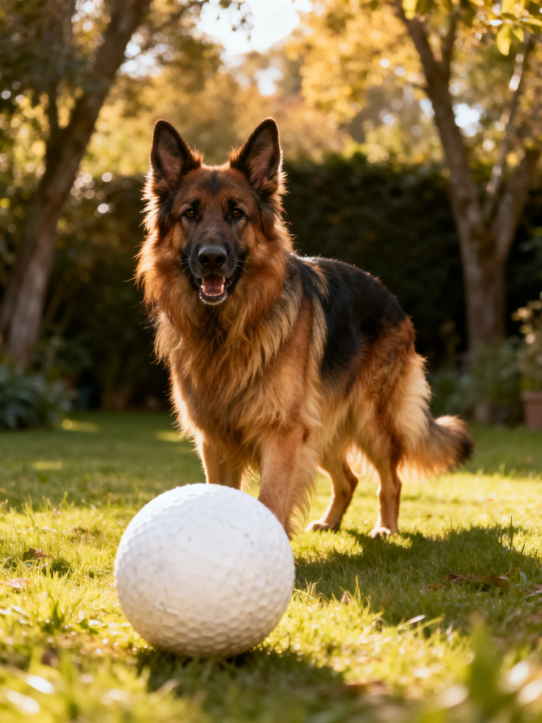 A German Shepherd stands beside a large white ball in a sunlit outdoor setting.