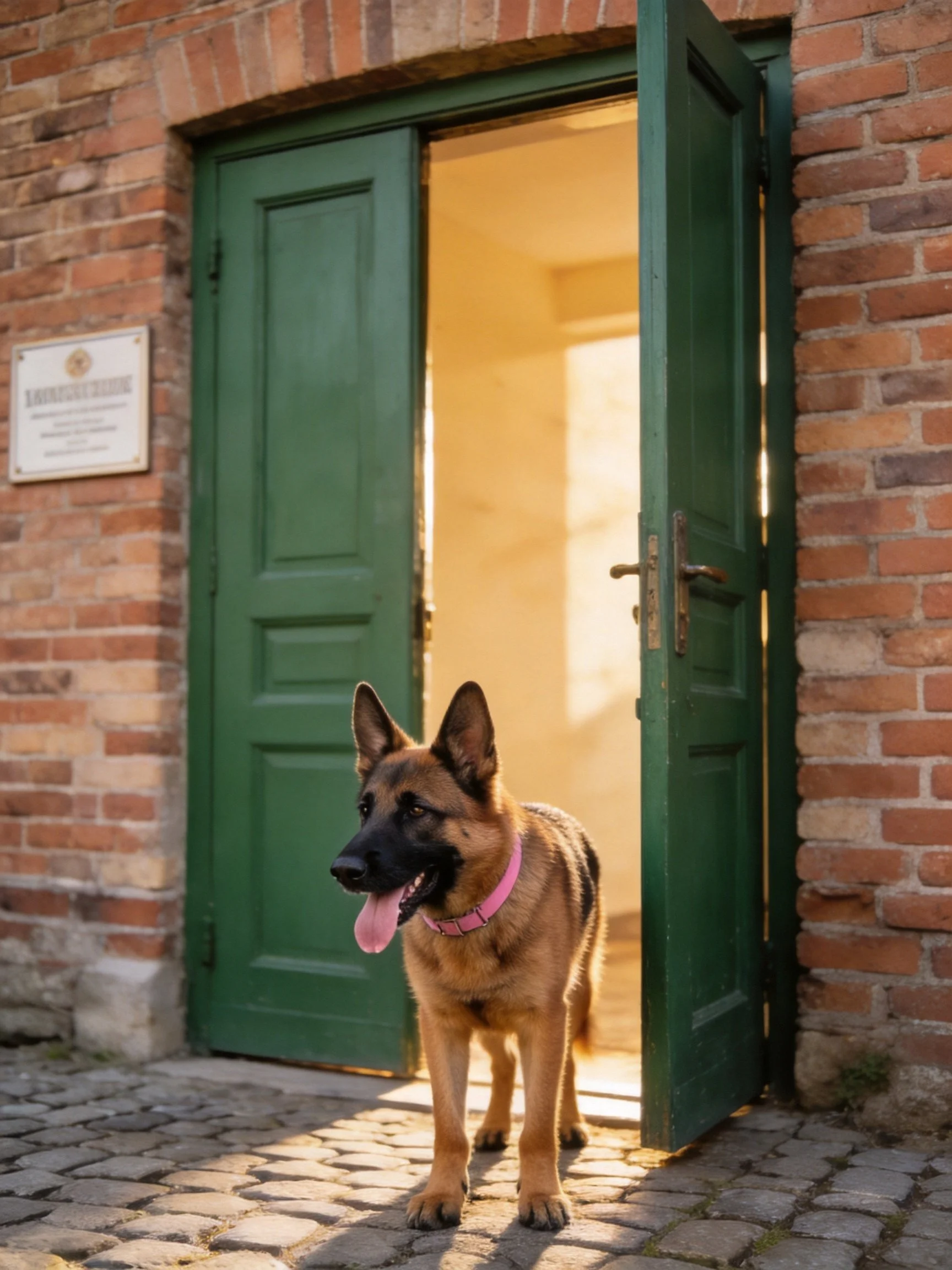 A German Shepherd exits through open green doors of a brick building