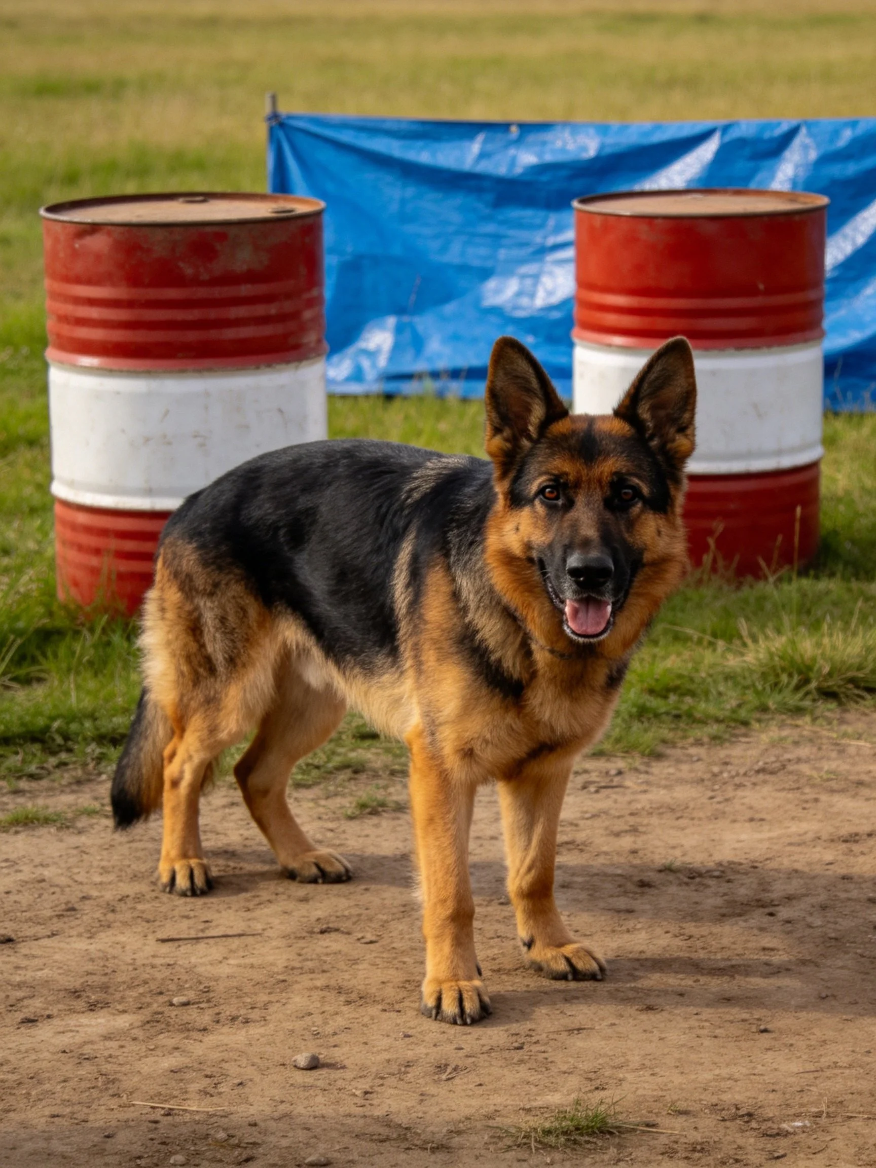 A German Shepherd stands near red - white barrels and a blue tarp outdoors