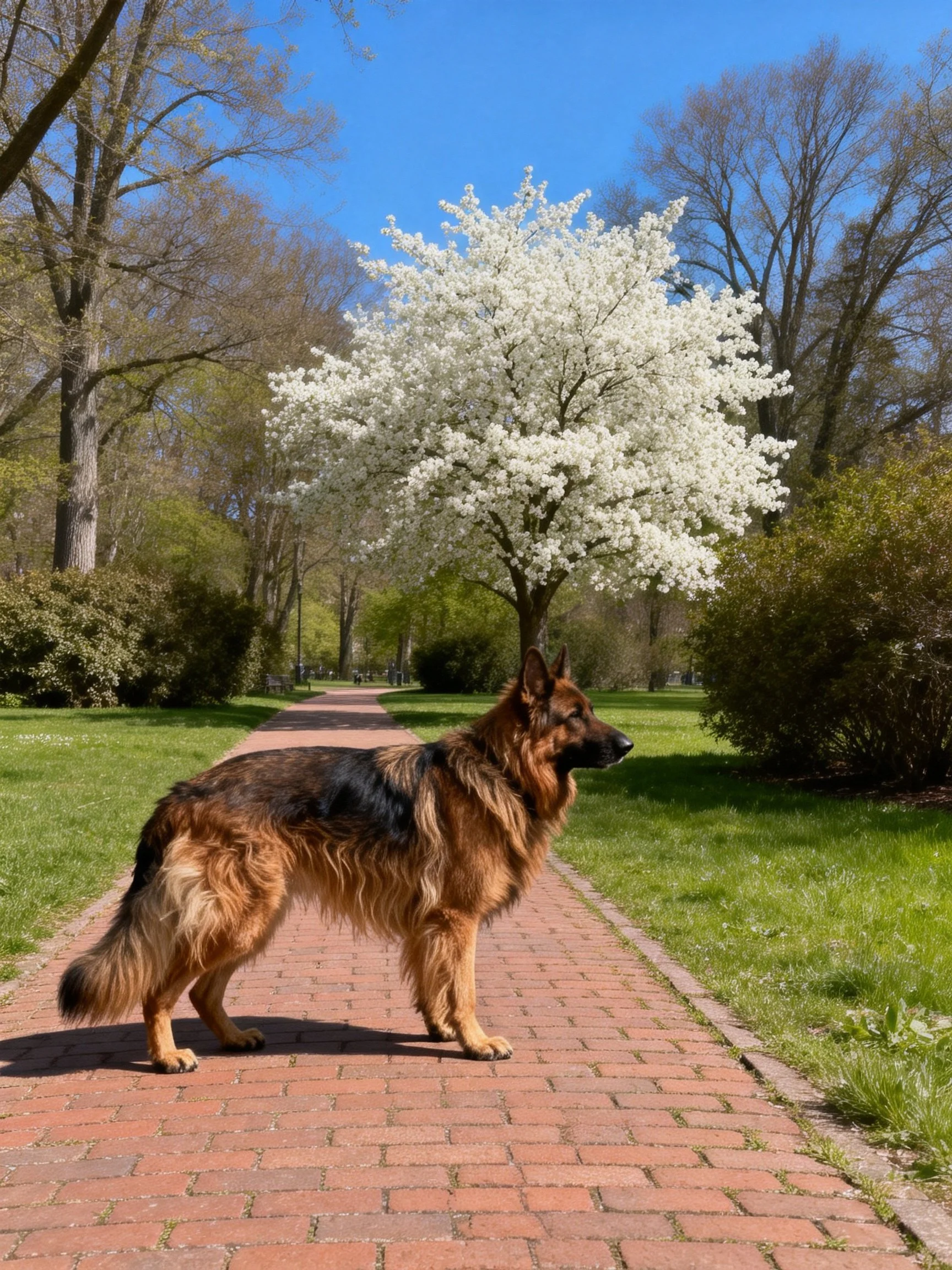 A German Shepherd pauses on a brick pathway beside a flowering tree in a sunny park.