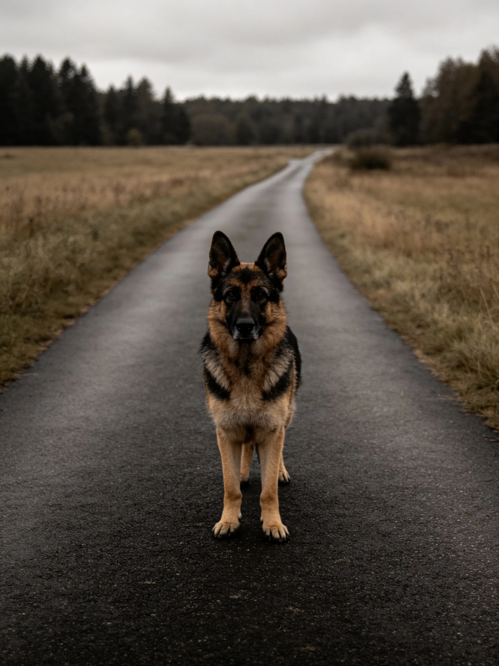 A German Shepherd stands centered on a long, empty country road.
