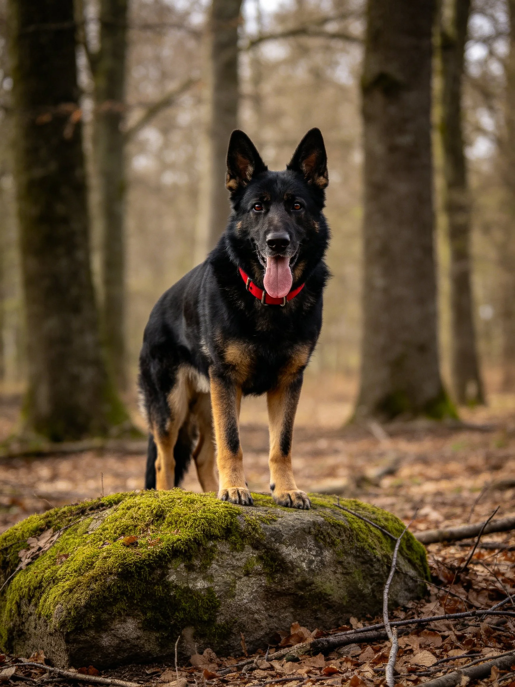A German Shepherd stands on a moss-covered rock in a forest