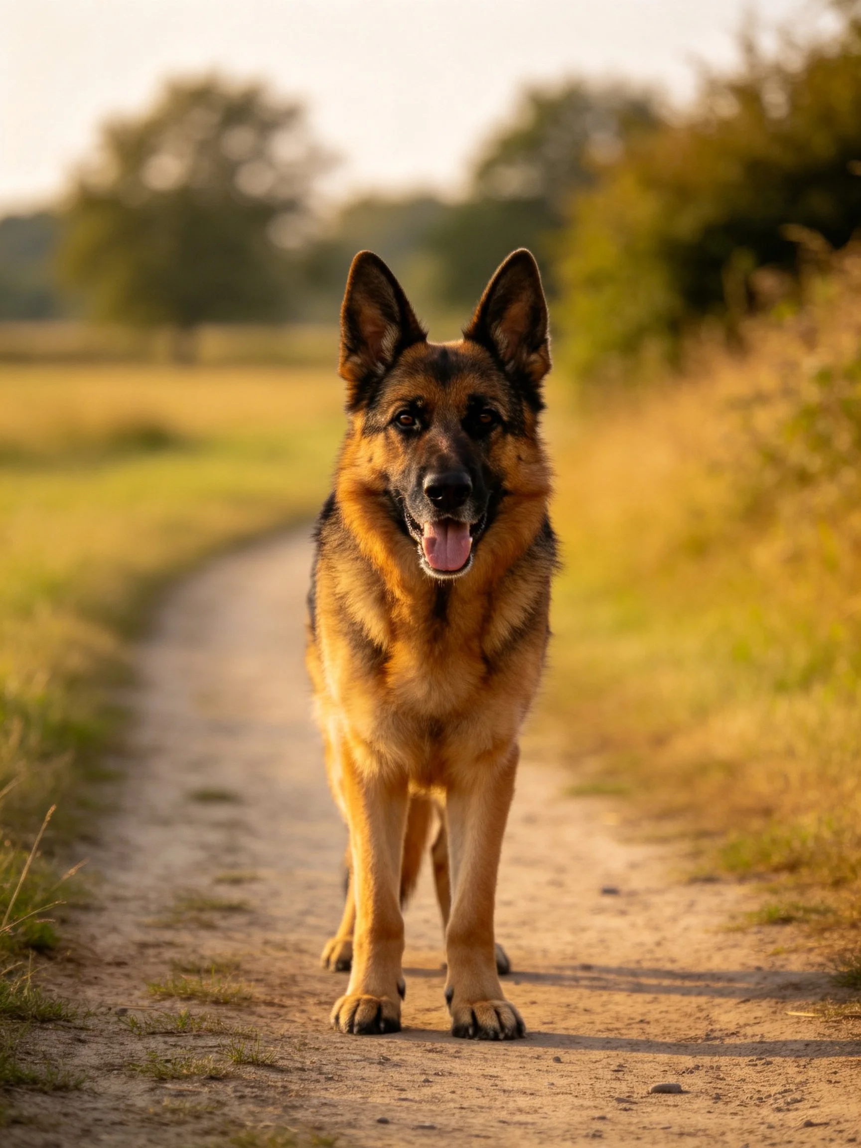 A German Shepherd stands on a sunlit dirt path in a rural landscape