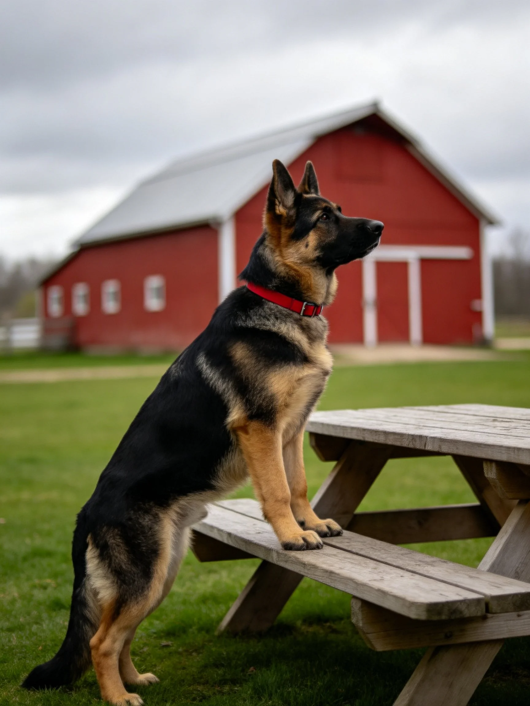 A German Shepherd sits on a picnic table near a red barn