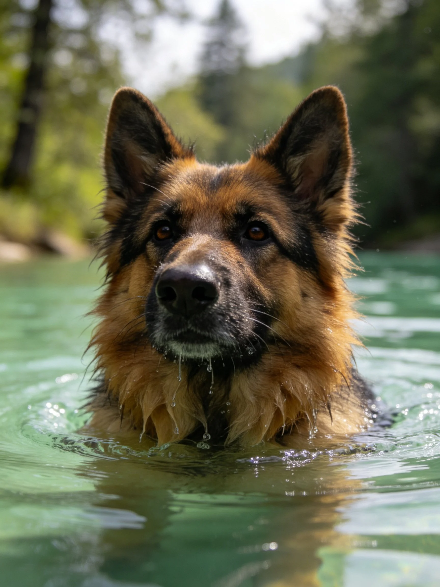 A German Shepherd emerges from clear green water in a forested location.
