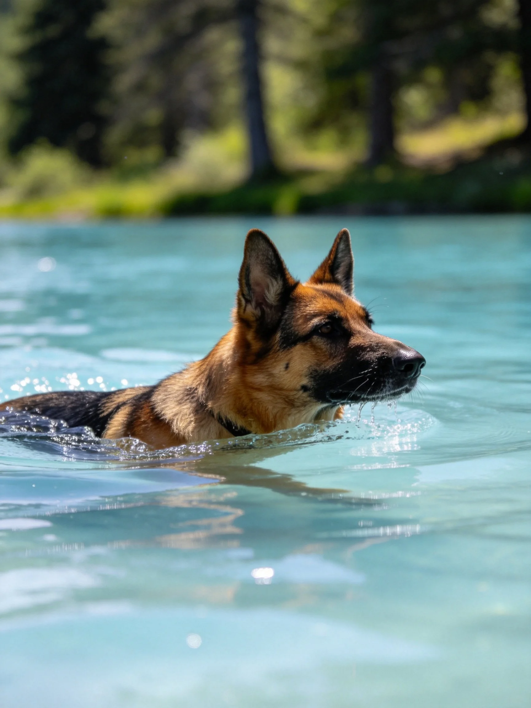 A German Shepherd swims in clear water with trees in the background.
