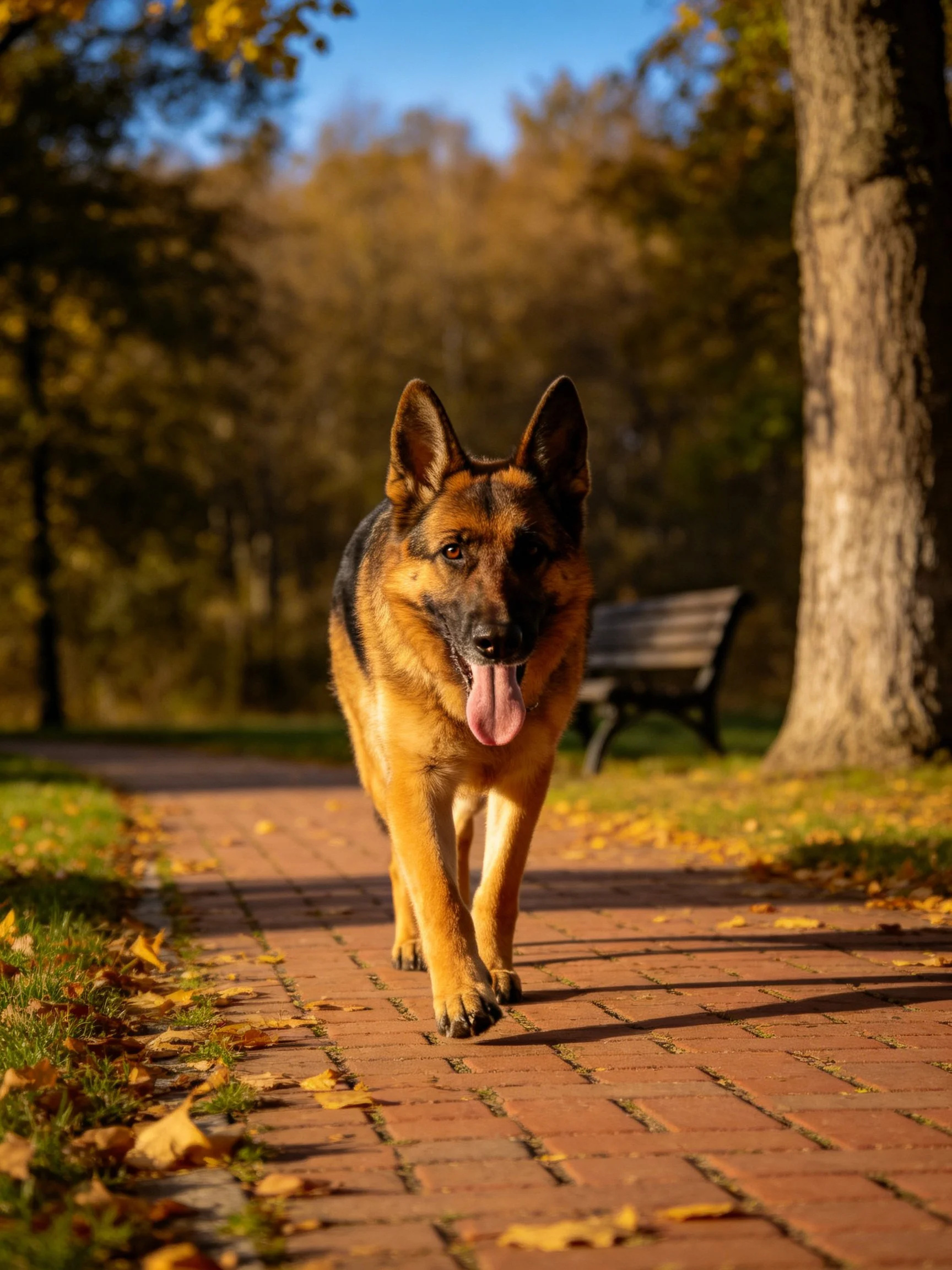 A German Shepherd walks along a brick path in an autumnal park setting.