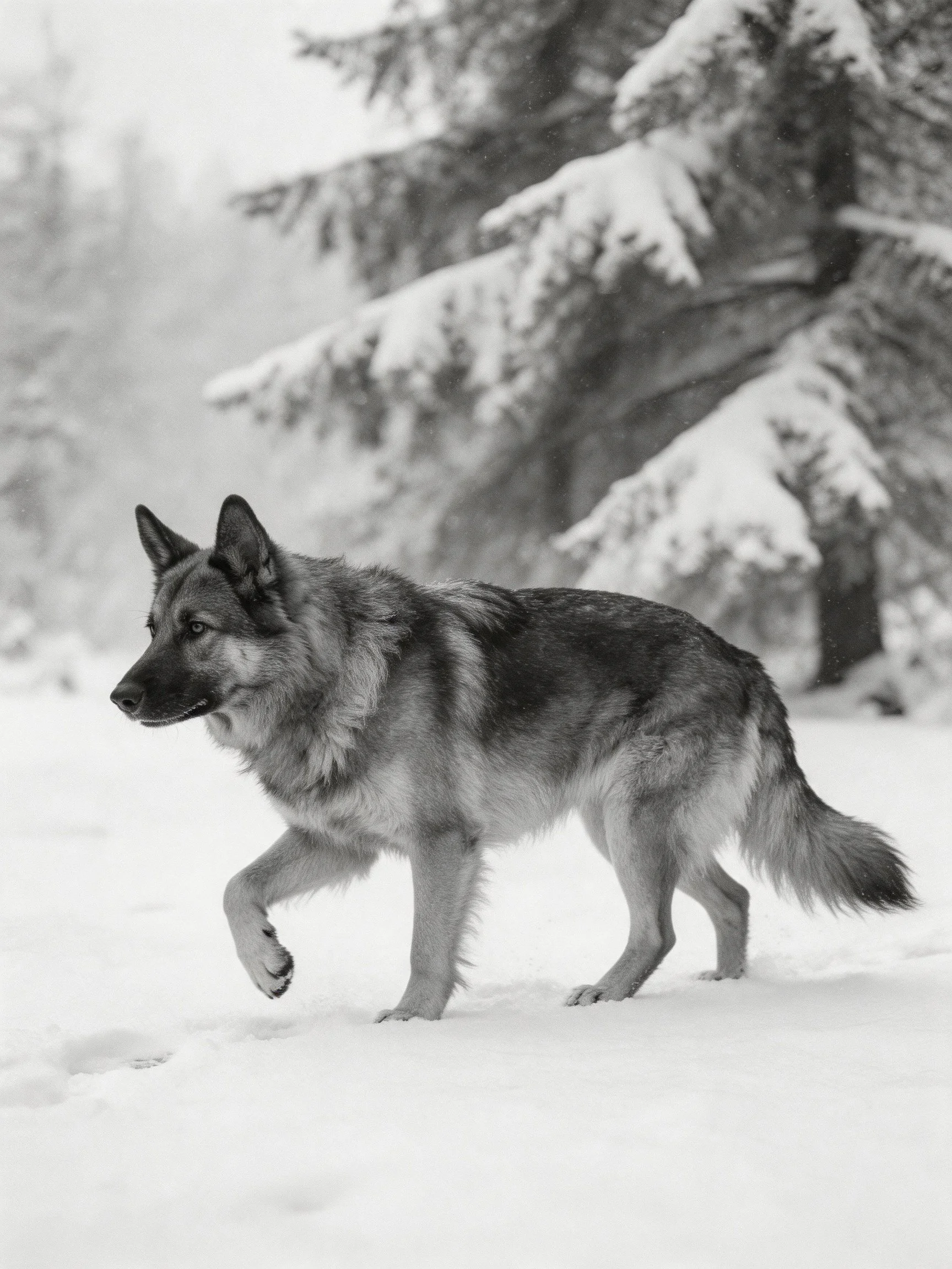 A German Shepherd walks through a snow-covered forest