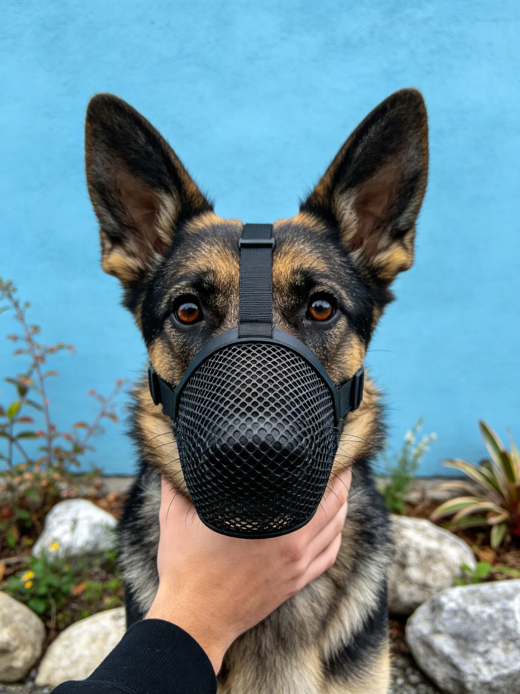 A German Shepherd wears a black mesh muzzle while positioned near a blue wall.