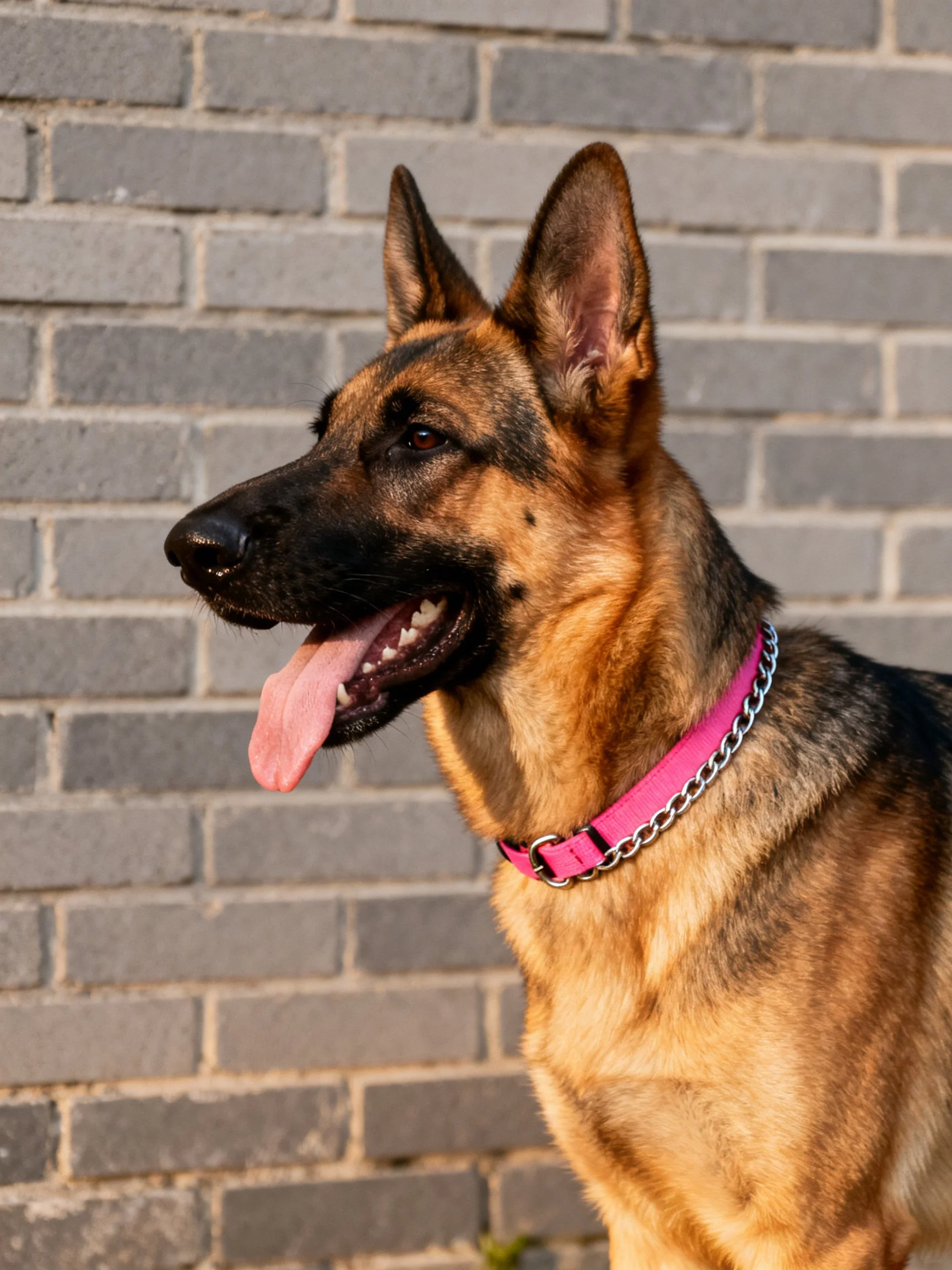 A German Shepherd with a pink collar is positioned next to a gray brick wall.