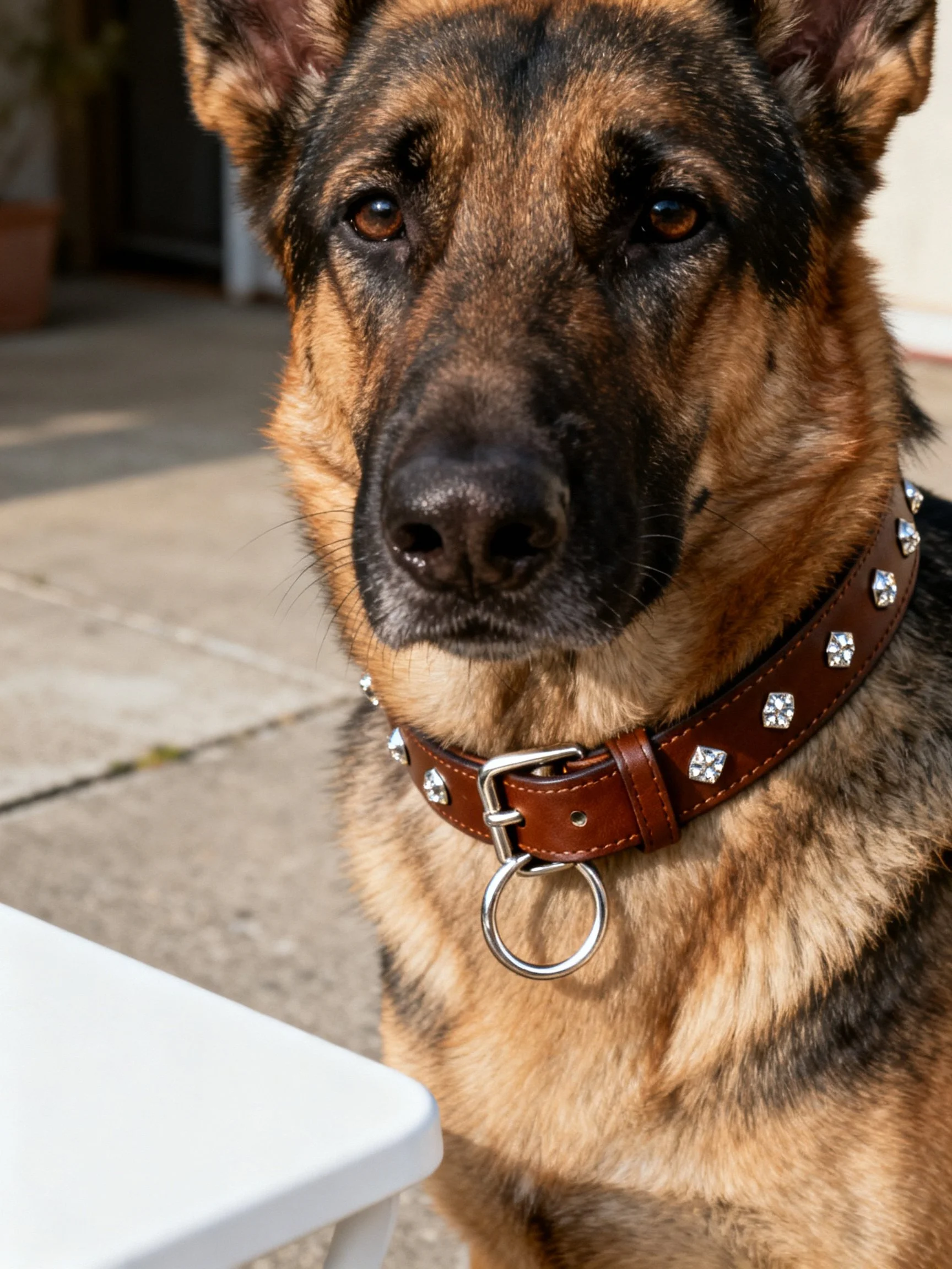 A German Shepherd with a decorative collar sits outdoors.