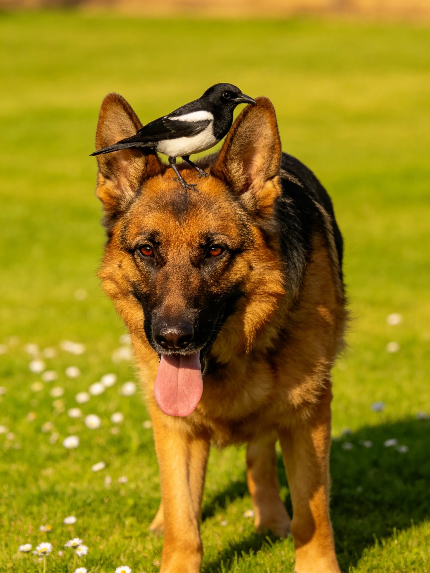 A German Shepherd walks through a grassy area with a black - and - white bird on its head.