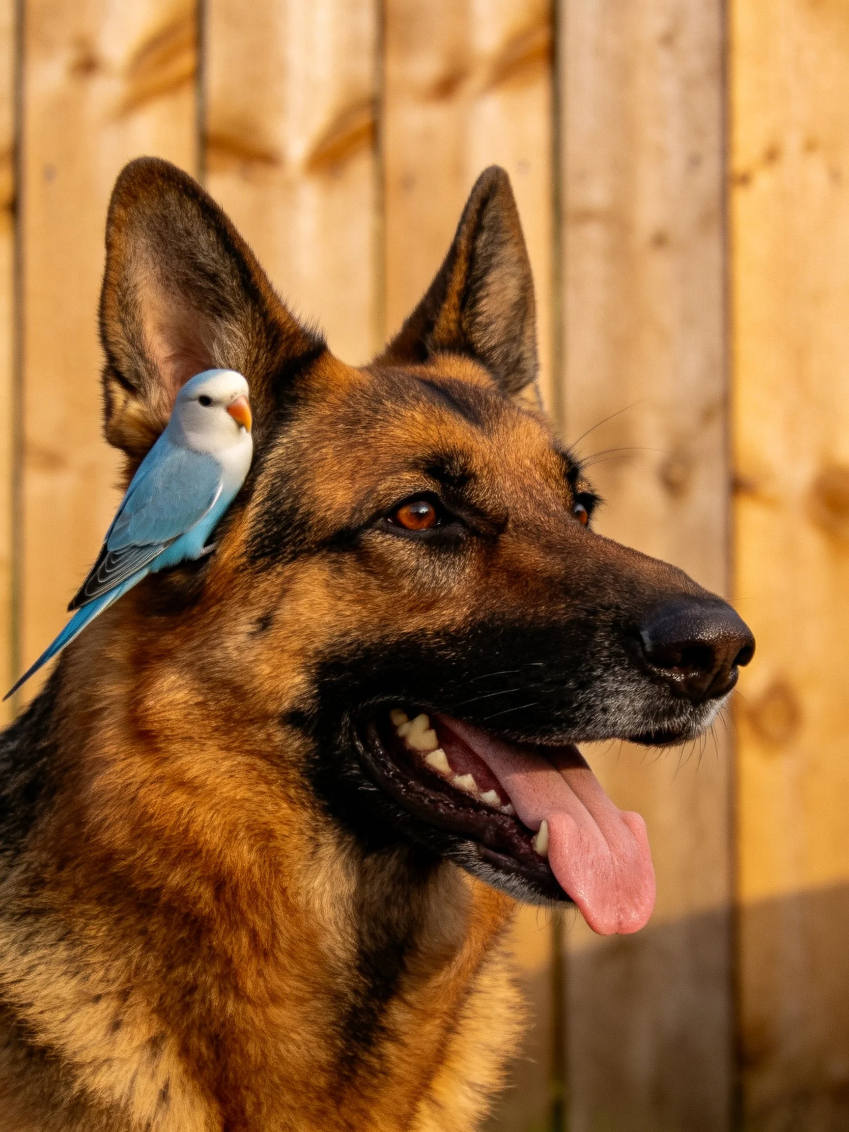 A German Shepherd stands calmly as a small blue parakeet rests on its ear