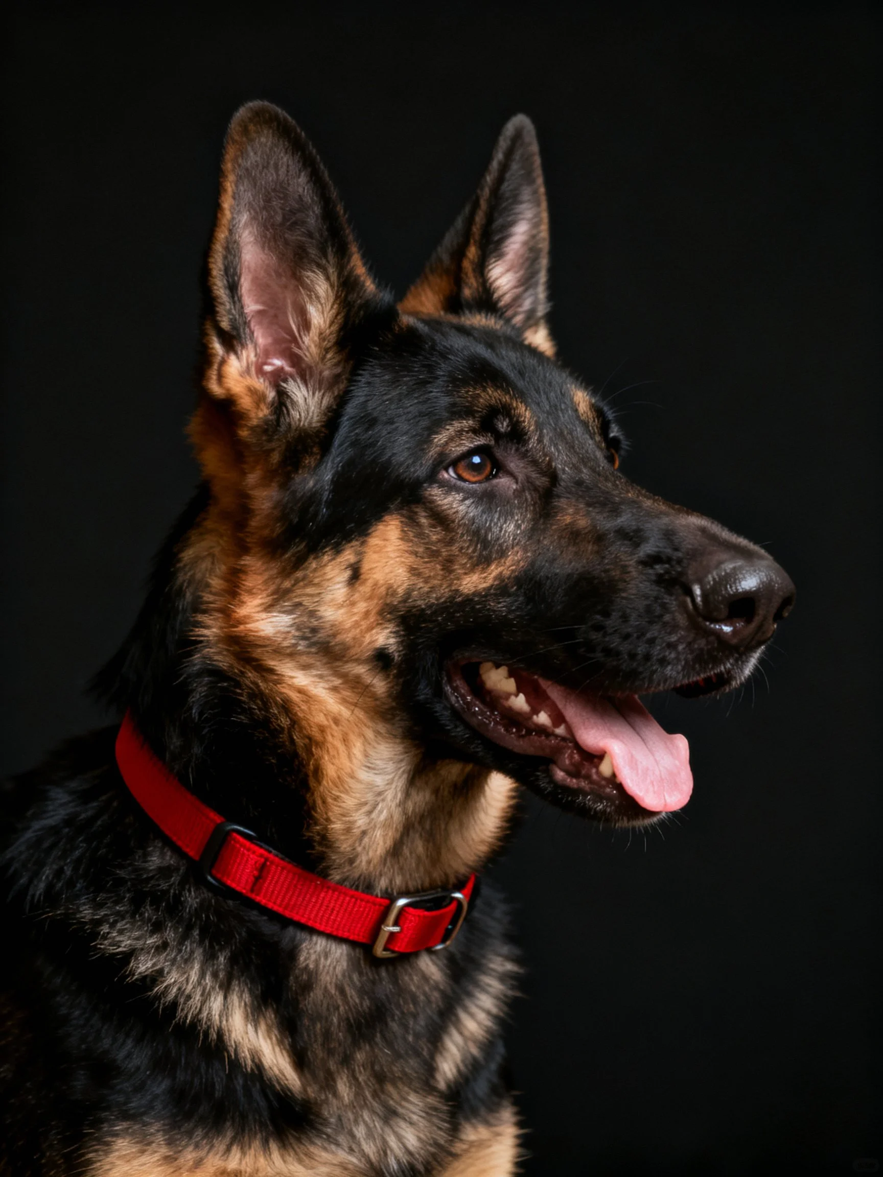 A German Shepherd with a red collar is shown against a dark background.