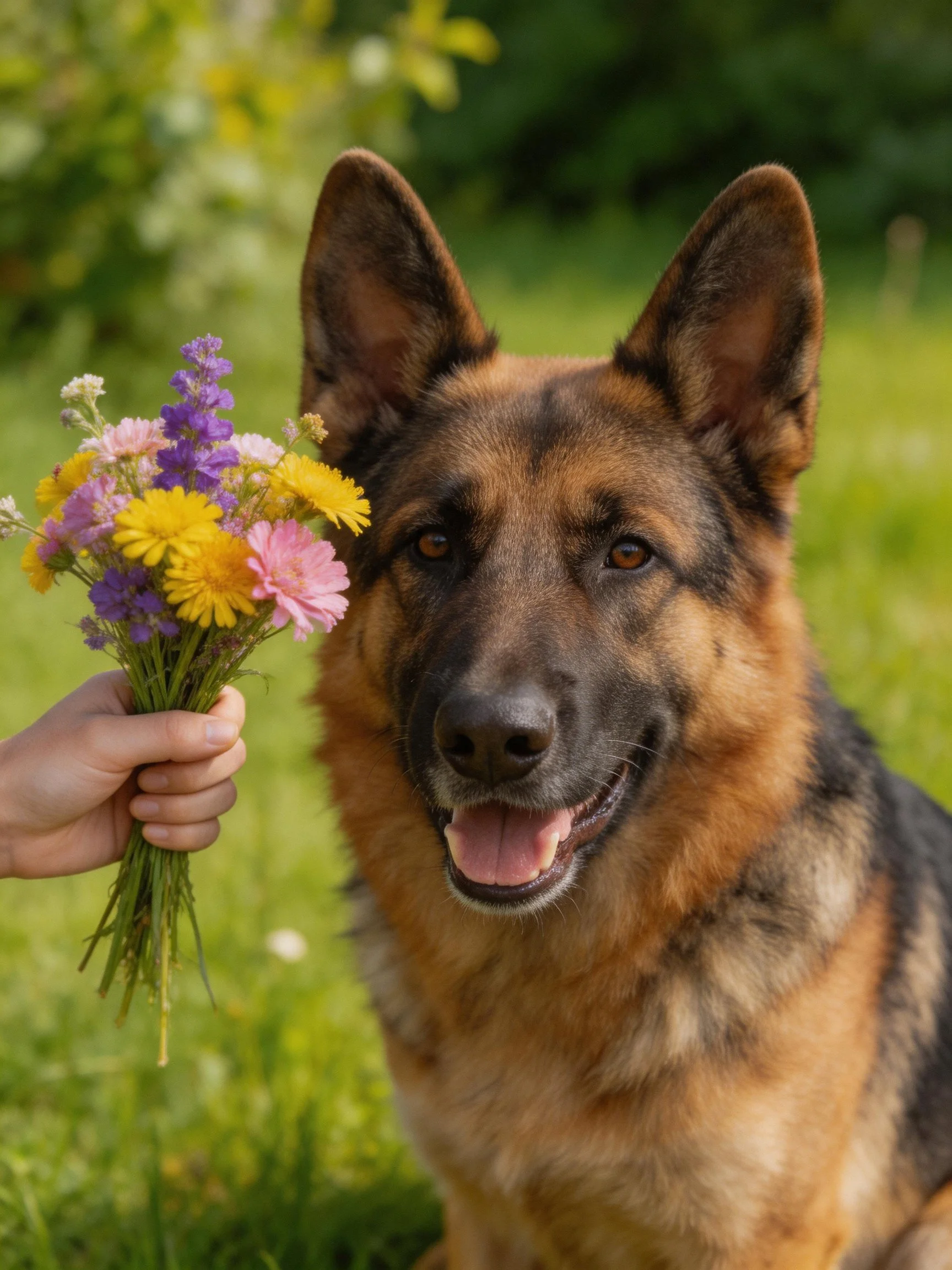 A German Shepherd interacts with a colorful flower bouquet in a sunny outdoor setting.
