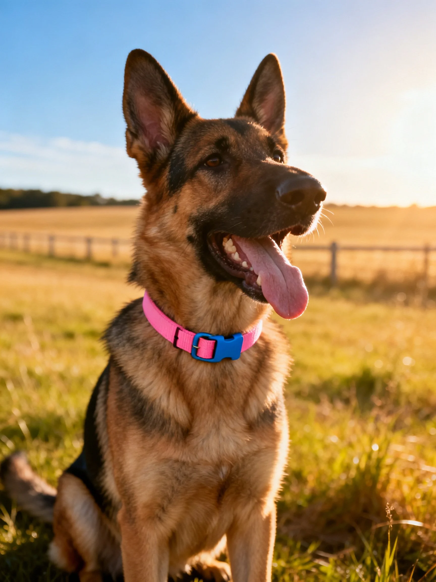 A German Shepherd with a pink collar sits in a sunlit open field