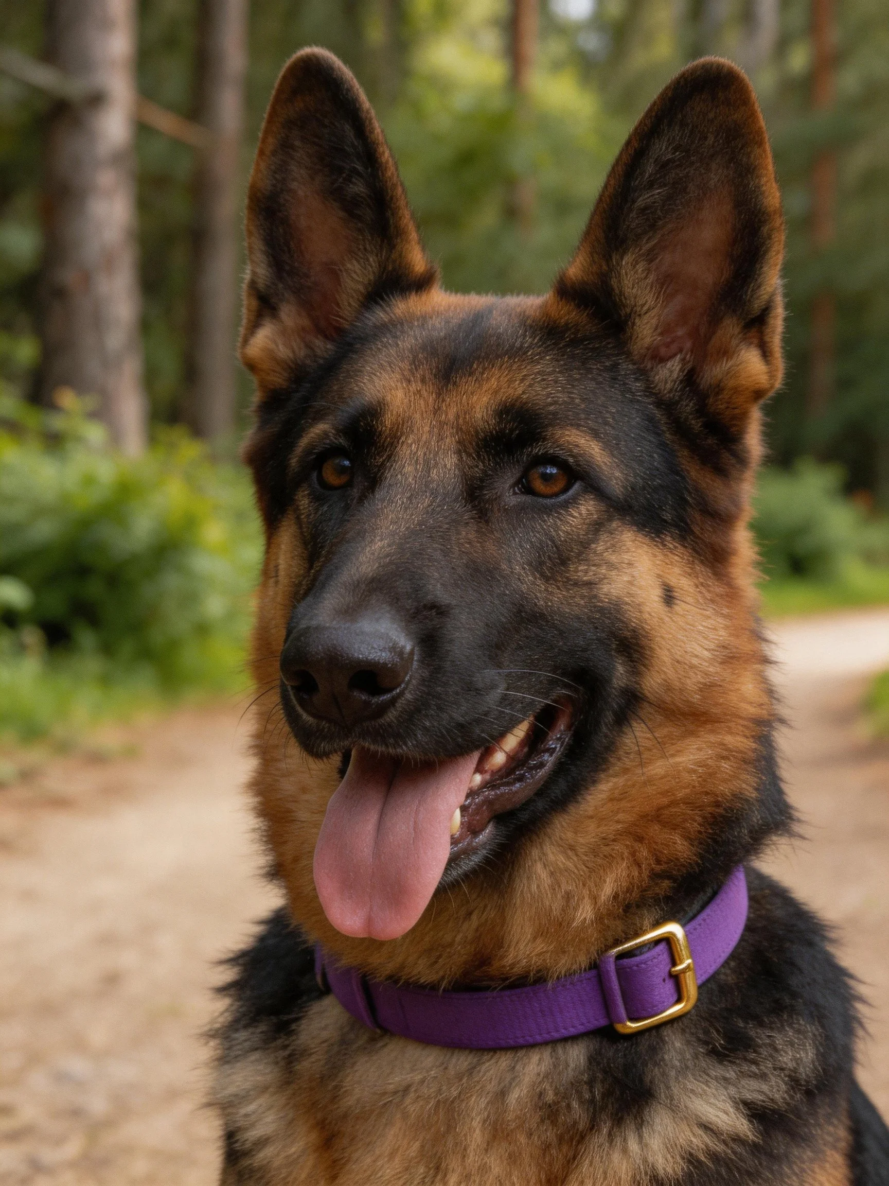 A German Shepherd wears a purple collar while standing in a wooded area.
