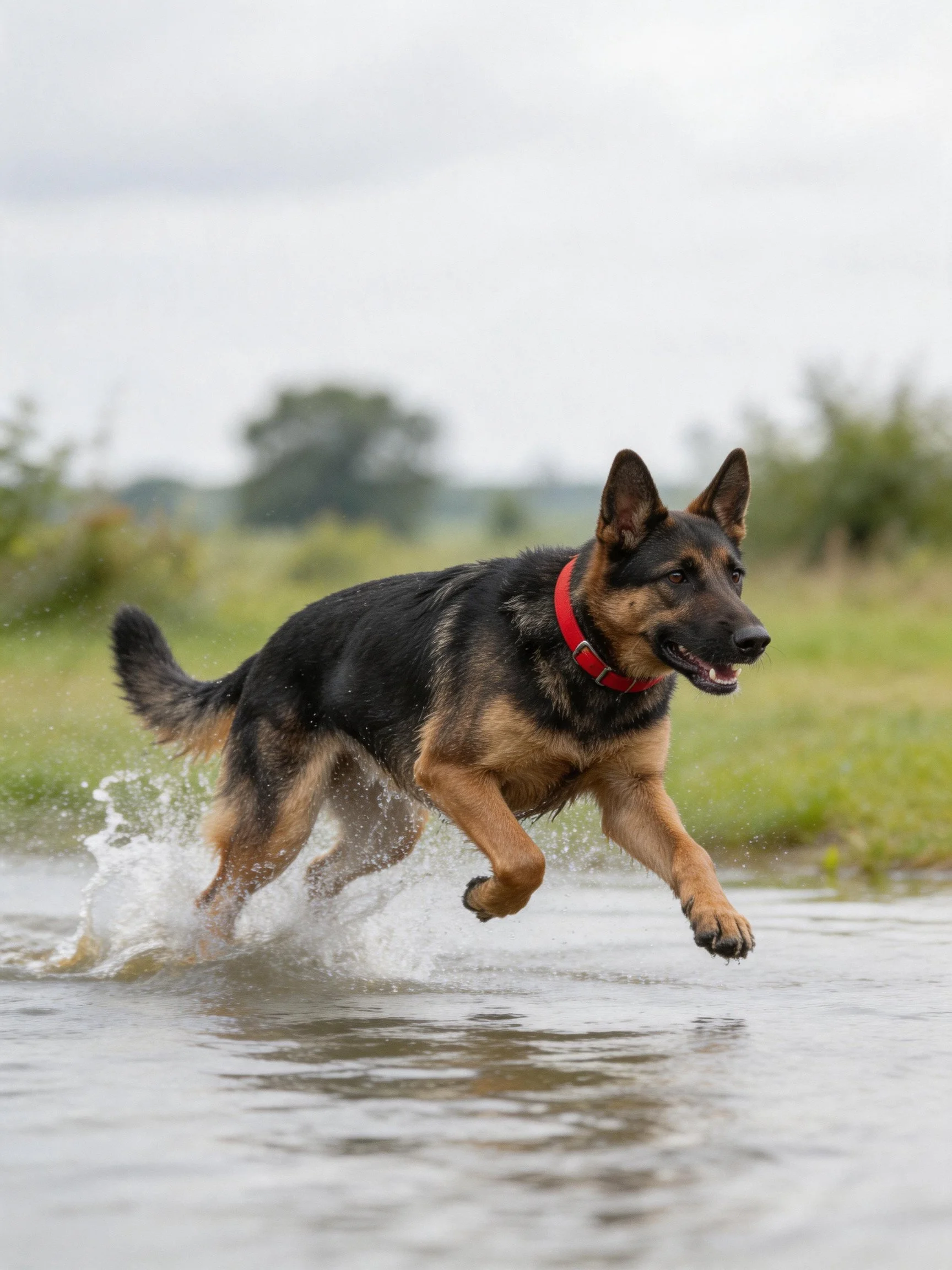 A German Shepherd with a red collar leaping through shallow water